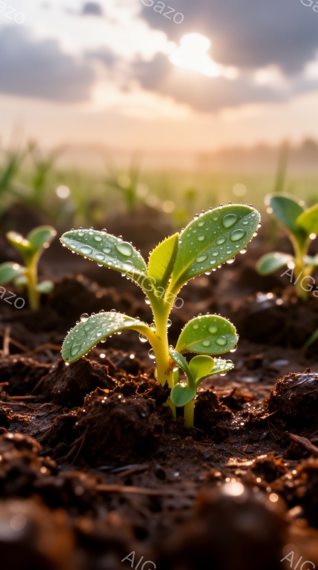 新鮮な緑の芽が湿った土から顔を出しているクローズアップ写真です。葉には朝露のような水滴が輝き、太陽光が背景の土と他の芽を柔らかく照らしています。全体的に、生命力と希望に満ちた、穏やかで自然な雰囲気が漂っています。