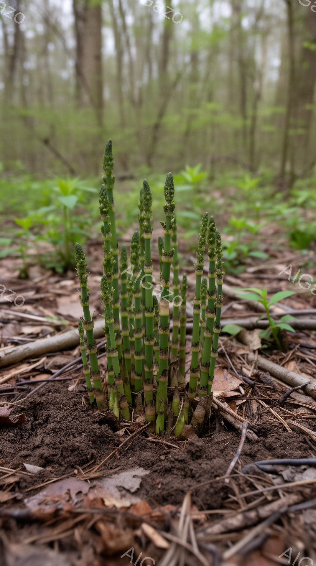 土の中から緑色の植物が密集して生えている様子が写っている。植物は細長く、先端が丸みを帯びており、若いアスパラガスのように見える。背景は茶色の落ち葉と木々で覆われた森で、薄暗い光が差し込んでいる。
