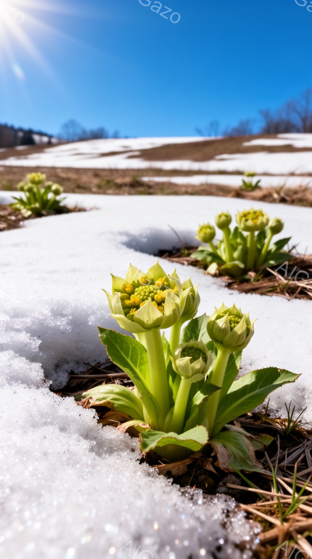 画像は雪の中に咲き始めたばかりのフクジュソウの花を捉えています。まだ雪が残る地面から力強く芽を出し、明るい緑色の葉と、黄色い花芽が春の訪れを告げています。背景には茶色の草原と青空が広がり、穏やかで希望に満ちた雰囲気を醸し出しています。