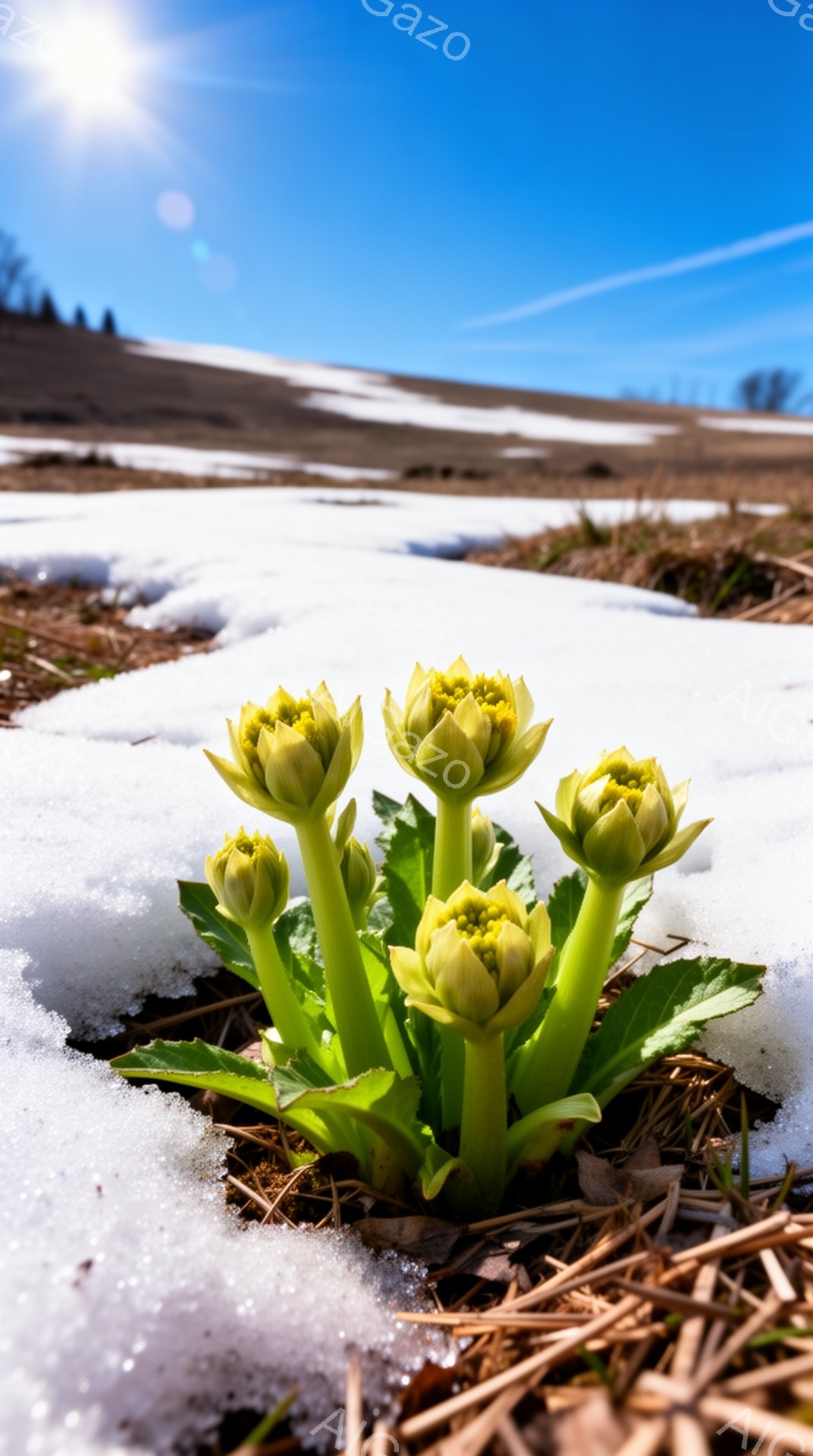 雪解けの土から力強く芽を出した、鮮やかな黄緑色の花々が目につく。周囲にはまだ雪が残り、茶色い枯れ草が広がる春の訪れを告げる光景だ。空は澄み切った青色で、強い日差しが降り注ぎ、生命力溢れる情景が描かれている。