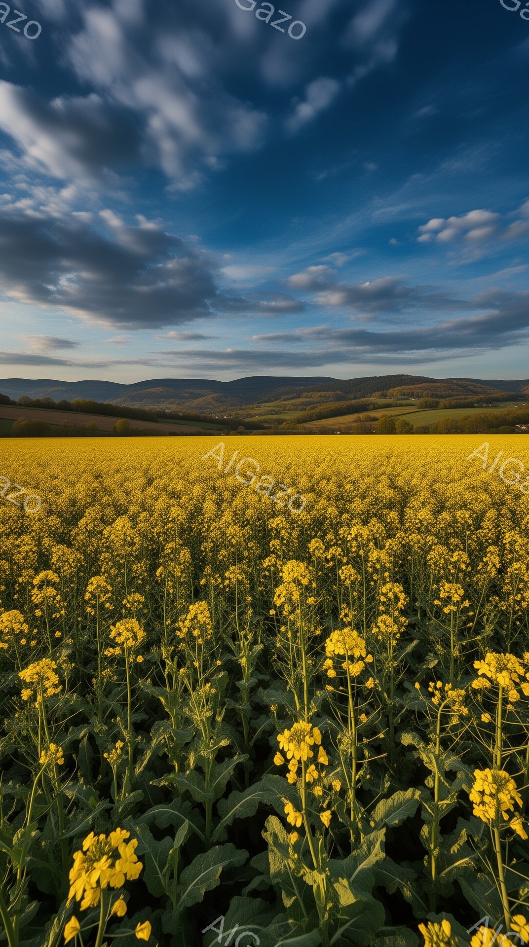 広大な菜の花畑が写真全体を埋め尽くし、鮮やかな黄色が目に飛び込んできます。遠景には緑の丘陵と山々が連なり、空にはドラマチックな雲が広がっています。穏やかで自然な雰囲気が感じられ、春の訪れを告げる美しい風景です。