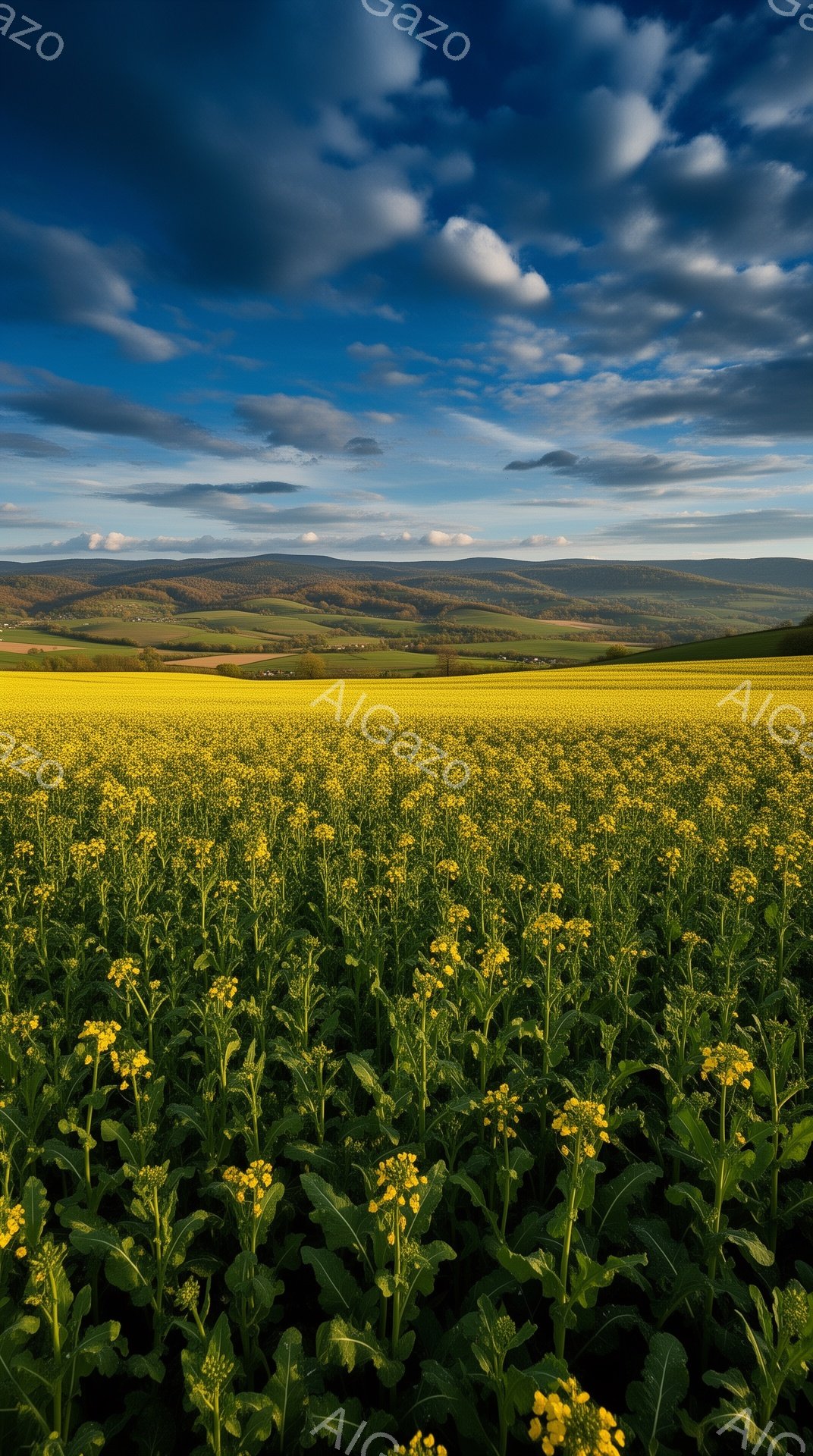 広大な菜の花畑が、なだらかな丘陵地帯へと続く風景が描かれている。空は青く、白い雲が浮かび、春の穏やかな陽光が花畑を照らしている。遠くの丘陵は緑で覆われ、田園的な風景が広がり、明るく希望に満ちた雰囲気を醸し出している。