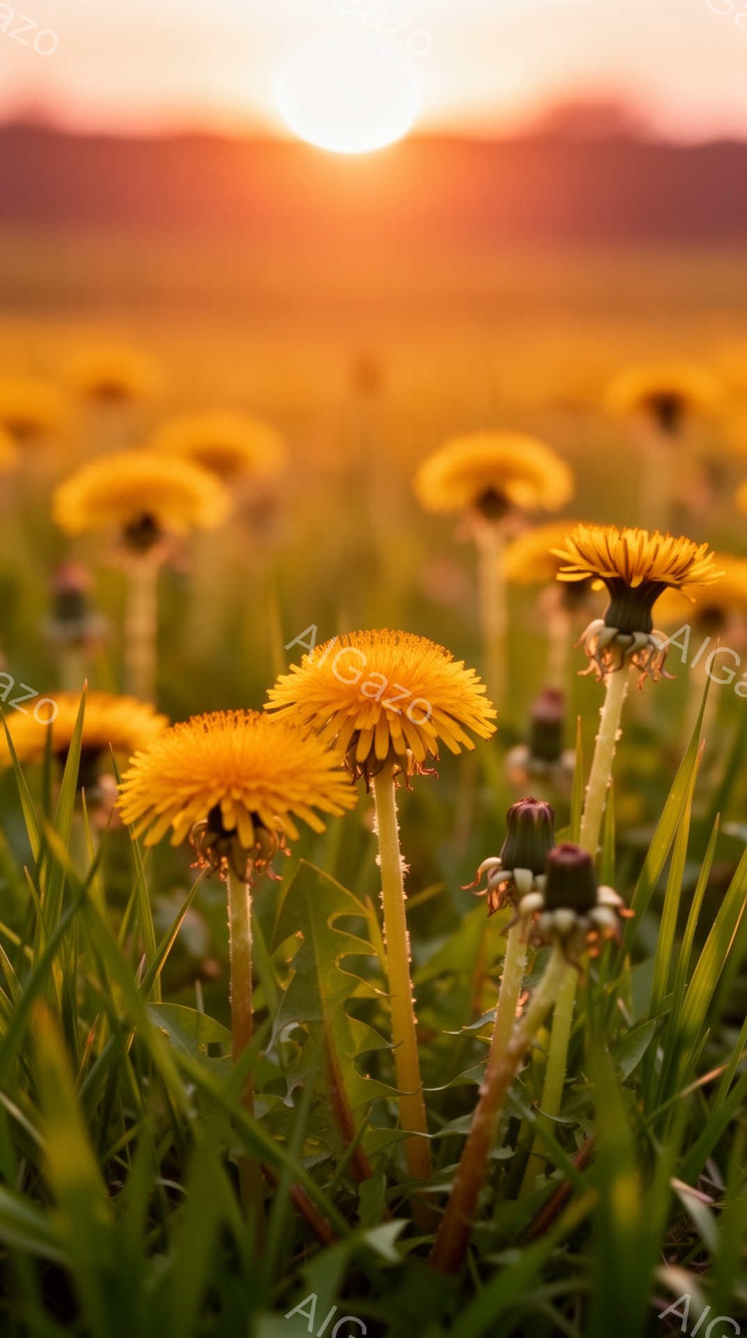 鮮やかな黄色のタンポポが緑の草むらの中に咲き乱れている様子が捉えられています。背景には夕焼けのオレンジ色の光が広がり、暖かく穏やかな雰囲気を醸し出しています。手前のタンポポは焦点が合っており、細部まで - AI生成フリー素材