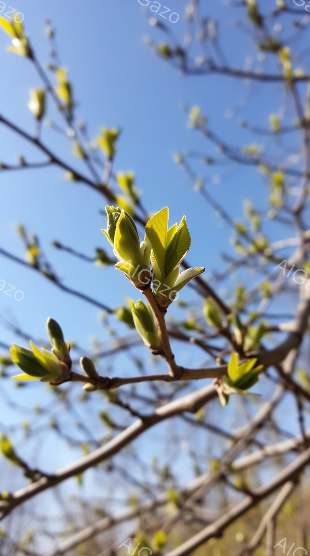空を背景に、新緑の芽が伸びる木の枝が写っている。春の訪れを感じさせる鮮やかな緑色の葉が、まだ小さく、生命力に満ち溢れている。青空とのコントラストが美しく、暖かく穏やかな雰囲気である。