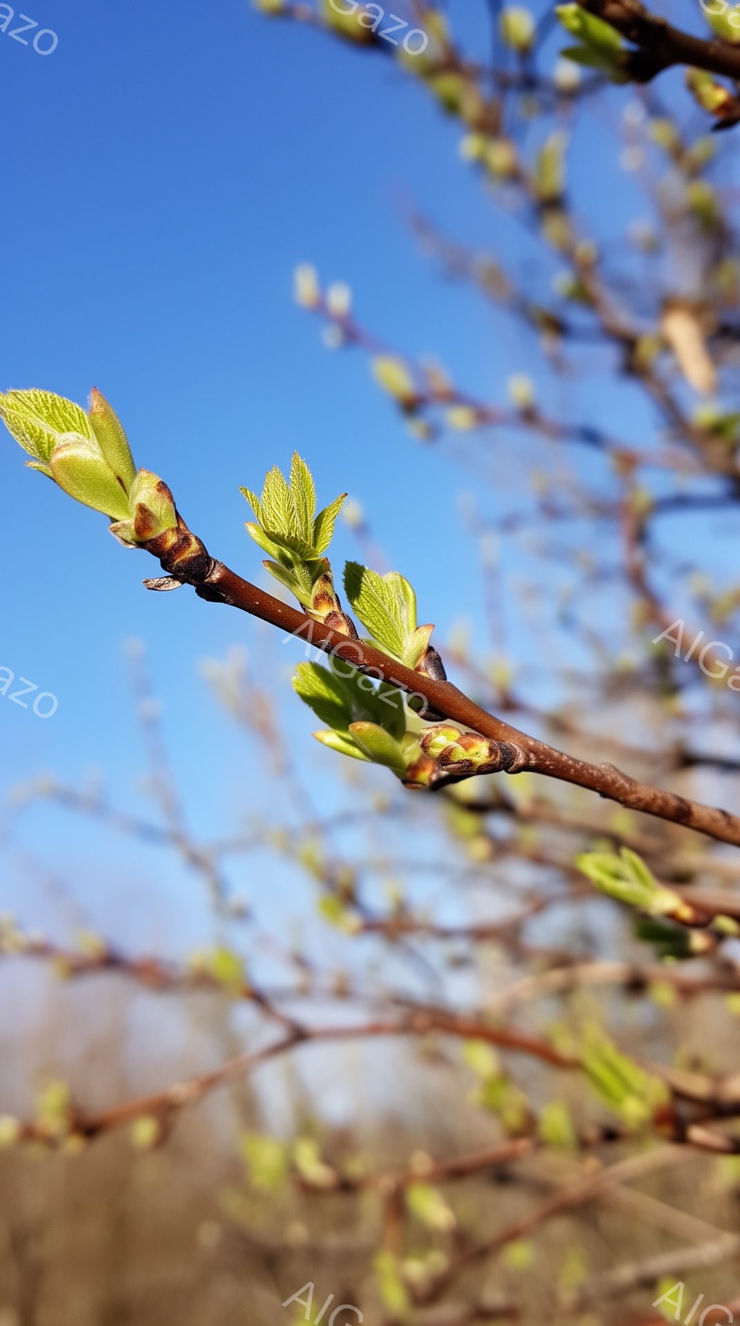 青空を背景に、新緑の芽が伸びる木の枝が写っている。まだ若々しい葉は明るい緑色で、春の訪れを告げているようだ。背景にはぼんやりとした木々が見え、穏やかで希望に満ちた雰囲気を醸し出している。 - AI生成フリー素材
