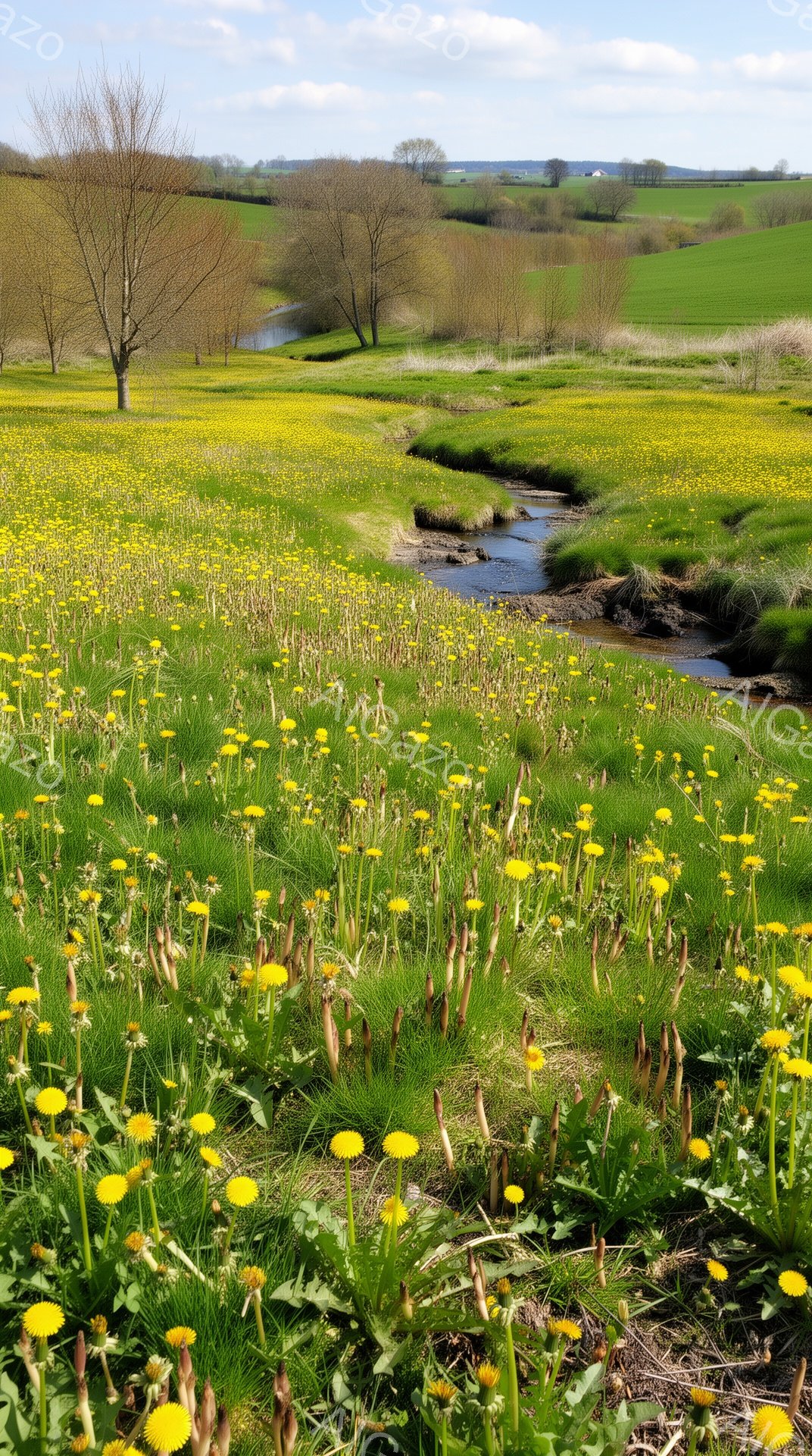 広大な緑の草原が広がり、所々に鮮やかな黄色のタンポポが咲き乱れている。浅い小川が蛇行して草原を流れ、背景には木々や農地が広がり、晴天の下、穏やかで平和な風景を作り出している。春の暖かさと自然の生命力に満ちた、心地よい光景だ。