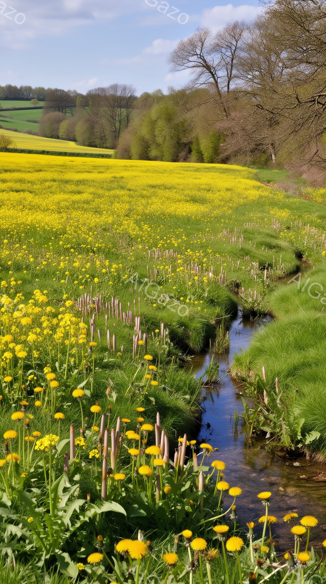 広大な緑の草原に、鮮やかな黄色のタンポポが咲き乱れている。曲がりくねった小川が草原を流れ、背の高い草木とタンポポの間を縫うように進んでいる。遠景には木々が並び、穏やかな晴天の下、平和で静かな春の風景が広がっている。