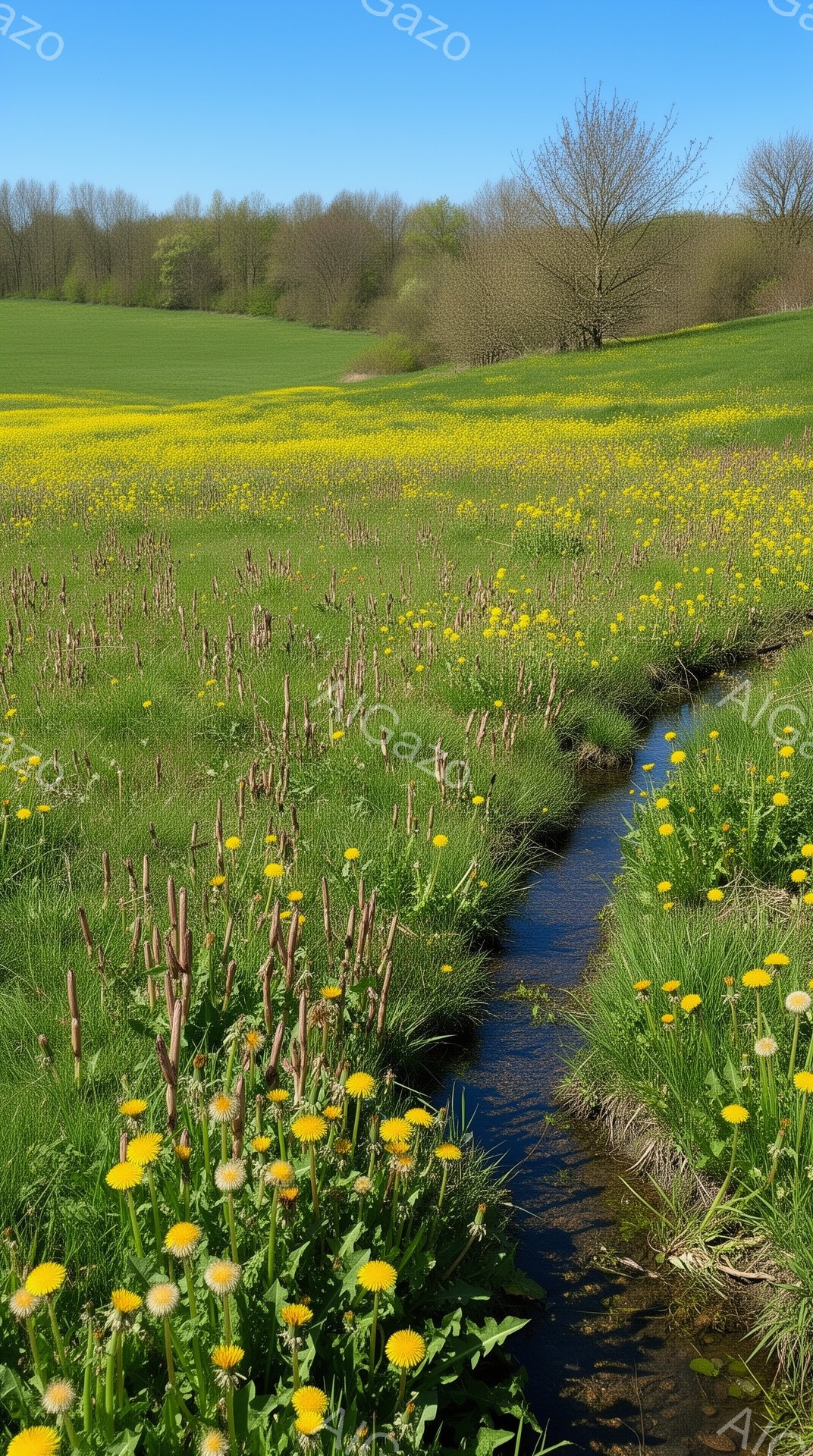 広々とした緑の草原に黄色いタンポポが咲き乱れ、小さな水路がその中を蛇行している風景だ。水路の縁には、タンポポや他の緑色の植物が生い茂り、遠景には木々が生い茂った丘が見える、穏やかで春らしい雰囲気を感じ - AI生成フリー素材