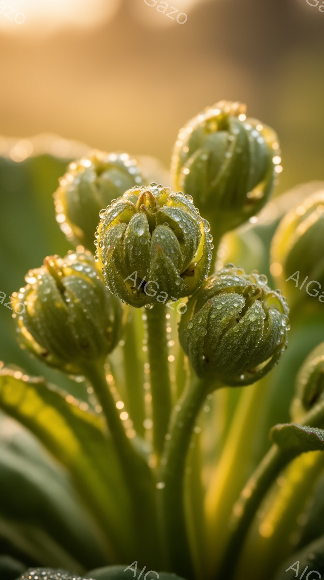 露に濡れたチューリップの蕾が、緑色の葉に囲まれてクローズアップされている。朝日のような暖かい光が背景を照らし、水滴が宝石のように輝き、春の訪れを感じさせる穏やかな雰囲気を作り出している。背景はぼやけており、蕾の繊細な美しさが際立っている。