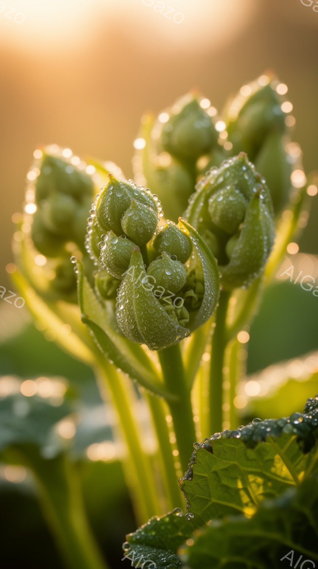 鮮やかな緑色のユリのつぼみが、朝露に濡れてキラキラと輝いている。背景は柔らかな光に包まれた自然で、葉っぱも露で覆われ、生き生きとした様子が伝わる。全体的に、清々しく、希望に満ちた、穏やかな雰囲気の画像である。
