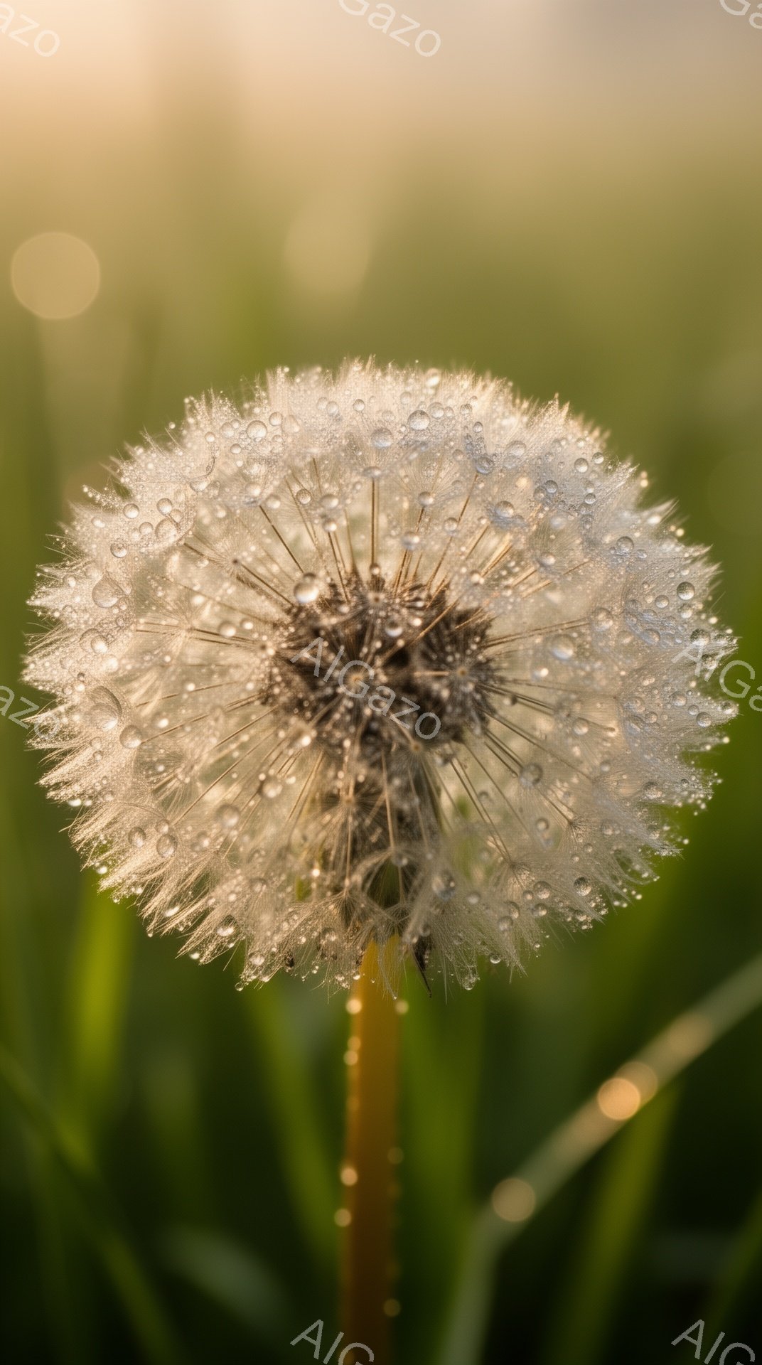 鮮やかな緑の草の上で、露に覆われたタンポポが咲き誇っています。その綿毛は風に舞いそうなほど軽く、光を受けてキラキラと輝いています。背景はぼやけており、柔らかい光が差し込み、全体的に穏やかで幻想的な雰囲気を醸し出しています。