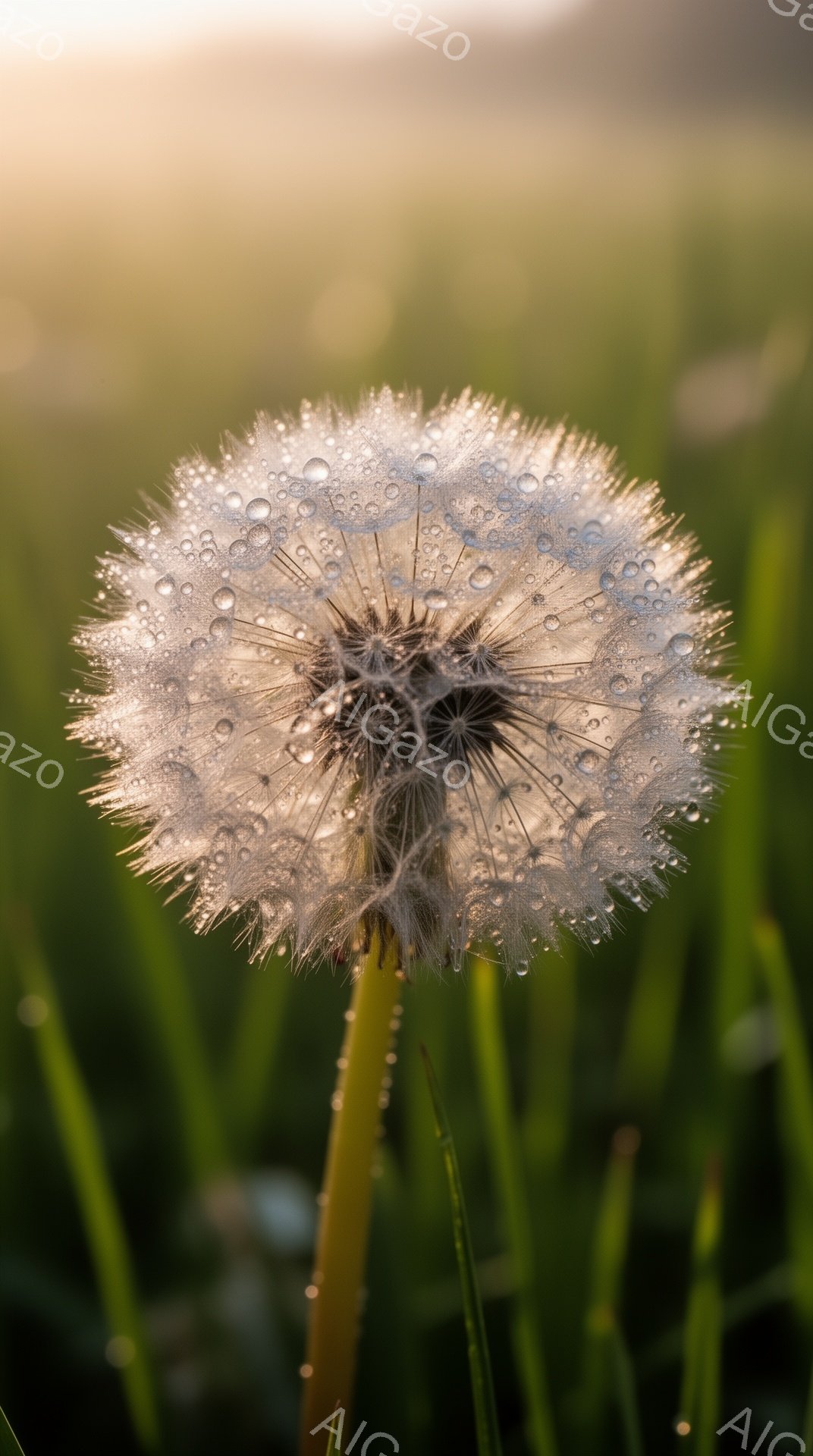 鮮やかな緑の草の間で、白いタンポポの綿毛が咲き誇っている。綿毛には朝露のように水滴が輝き、太陽の光に照らされて幻想的な光景を作り出している。背景はぼかされており、穏やかで柔らかな雰囲気が漂っている。 - AI生成フリー素材
