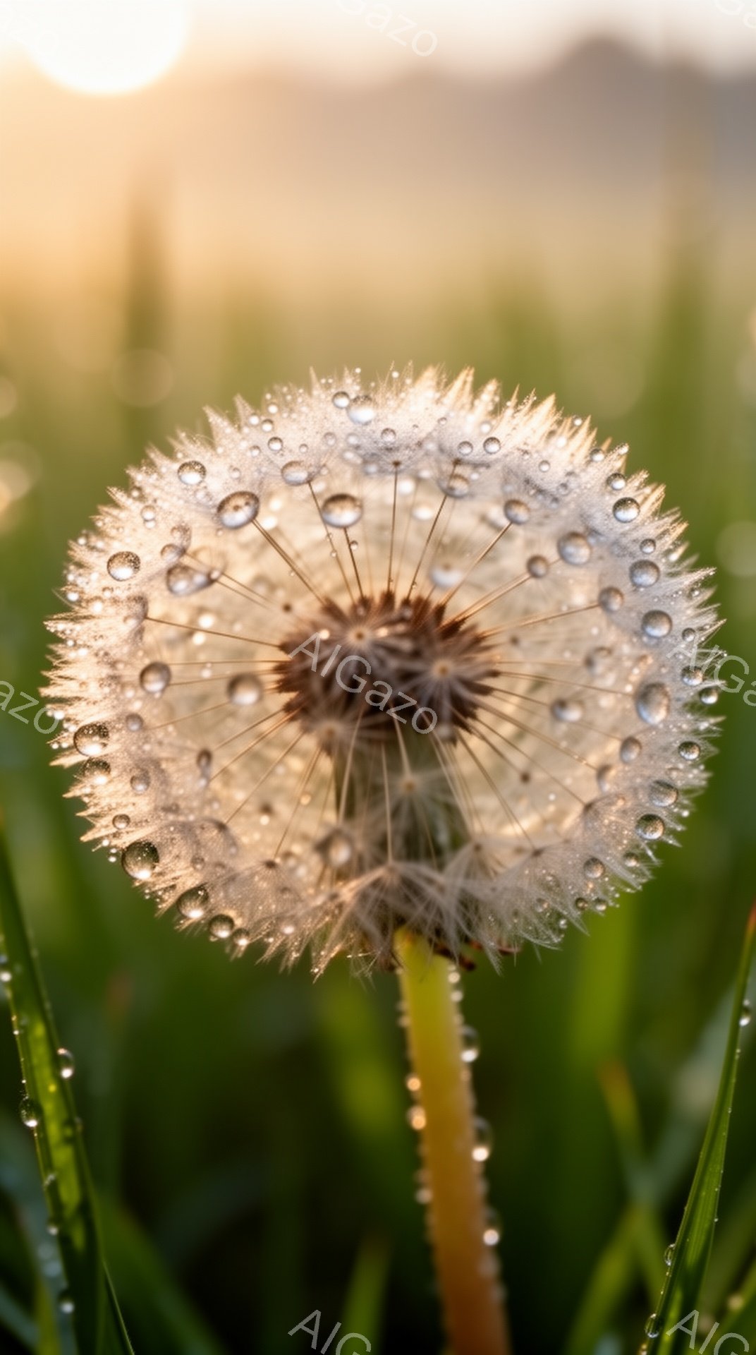 鮮やかな緑の草の中に、綿毛になったタンポポが咲き誇っています。朝露のような水滴が、繊細な綿毛や茎に付着し、太陽の光を反射してキラキラと輝いています。背景はぼんやりとした地平線と柔らかな光で、穏やかで詩的な雰囲気を醸し出しています。