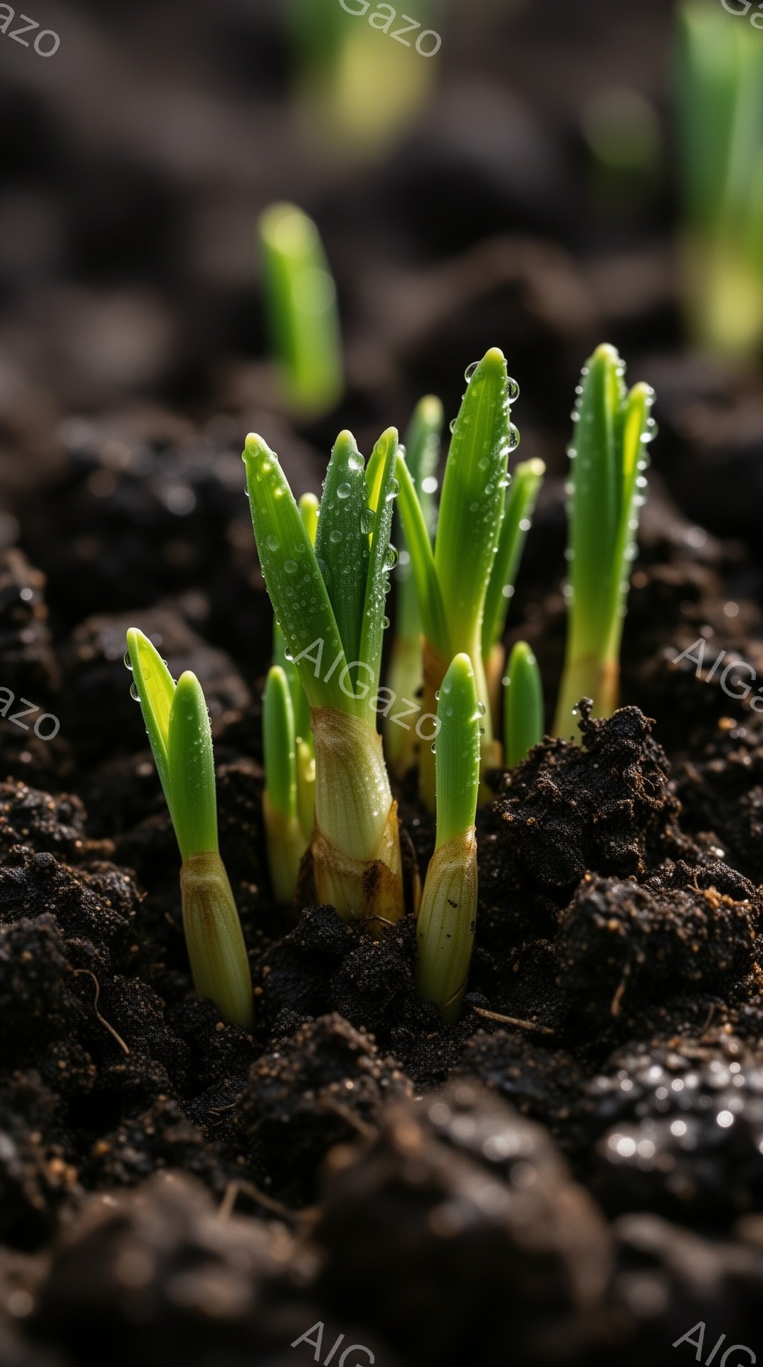 土から顔を出すばかりの若々しい芽が、暗い土壌の中で力強く生えている様子が捉えられています。芽は鮮やかな緑色で、表面には朝露のような水滴が輝き、生命の息吹を感じさせます。背景は土の色が濃く、芽の緑とのコ - AI生成フリー素材