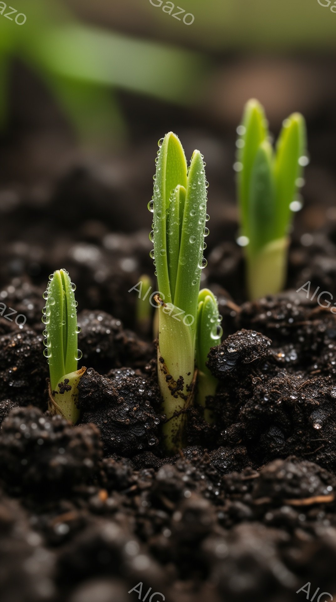 湿った土の中から新緑の芽が顔を出している様子が捉えられています。芽には朝露のように水滴が付き、生命力と瑞々しさを感じさせます。背景は暗い土の色で、芽の鮮やかな緑色が際立っています。