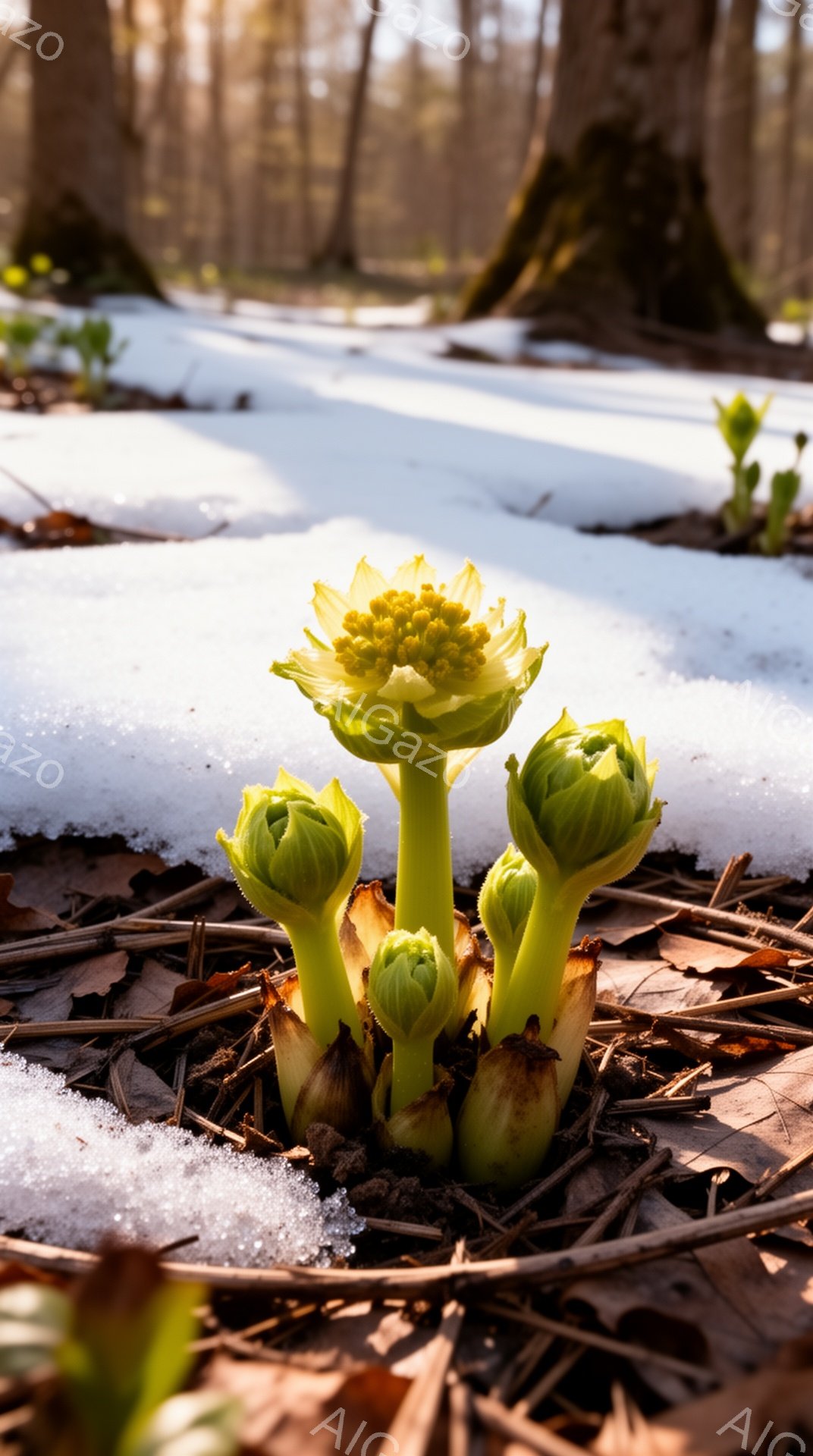 凍てつく地面から顔を出す、緑色の蕾の群れが印象的な光景です。茶色い落ち葉のベッドの上、残った雪の白さと新芽の鮮やかな緑色が対照的で、春の訪れを感じさせます。背景にはぼやけた木々が立ち並び、冷たい空気と薄暗い光が、静寂で神秘的な雰囲気を醸し出しています。