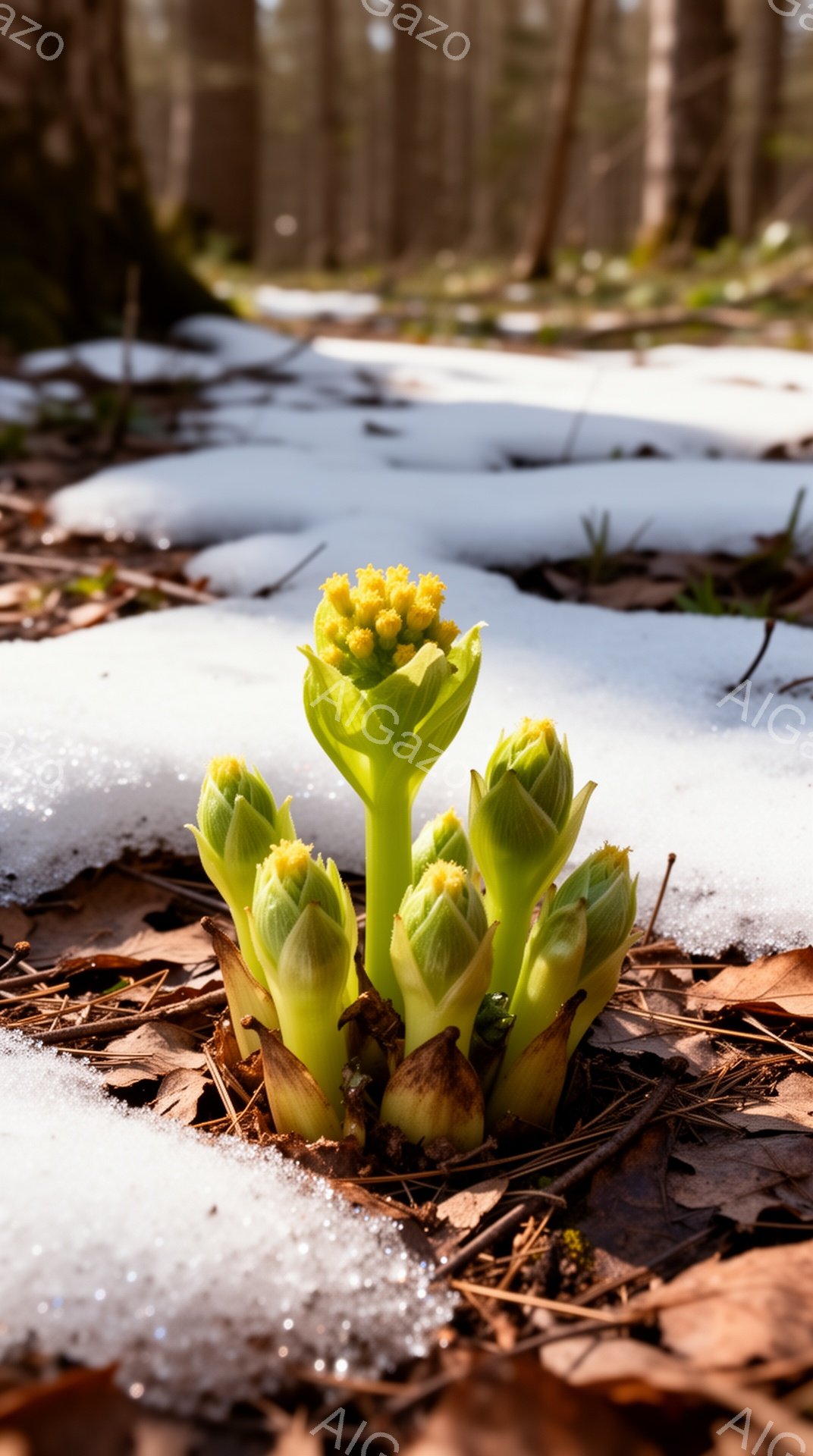 新緑が芽吹き始めた林床に、数本の鮮やかな黄緑色の植物が群生している。雪解けの名残の白い雪片が、枯れ葉や植物の周囲に散らばり、春の訪れを感じさせる。光は柔かく、植物を照らし出し、生命力と希望に満ちた静謐な雰囲気を醸し出している。