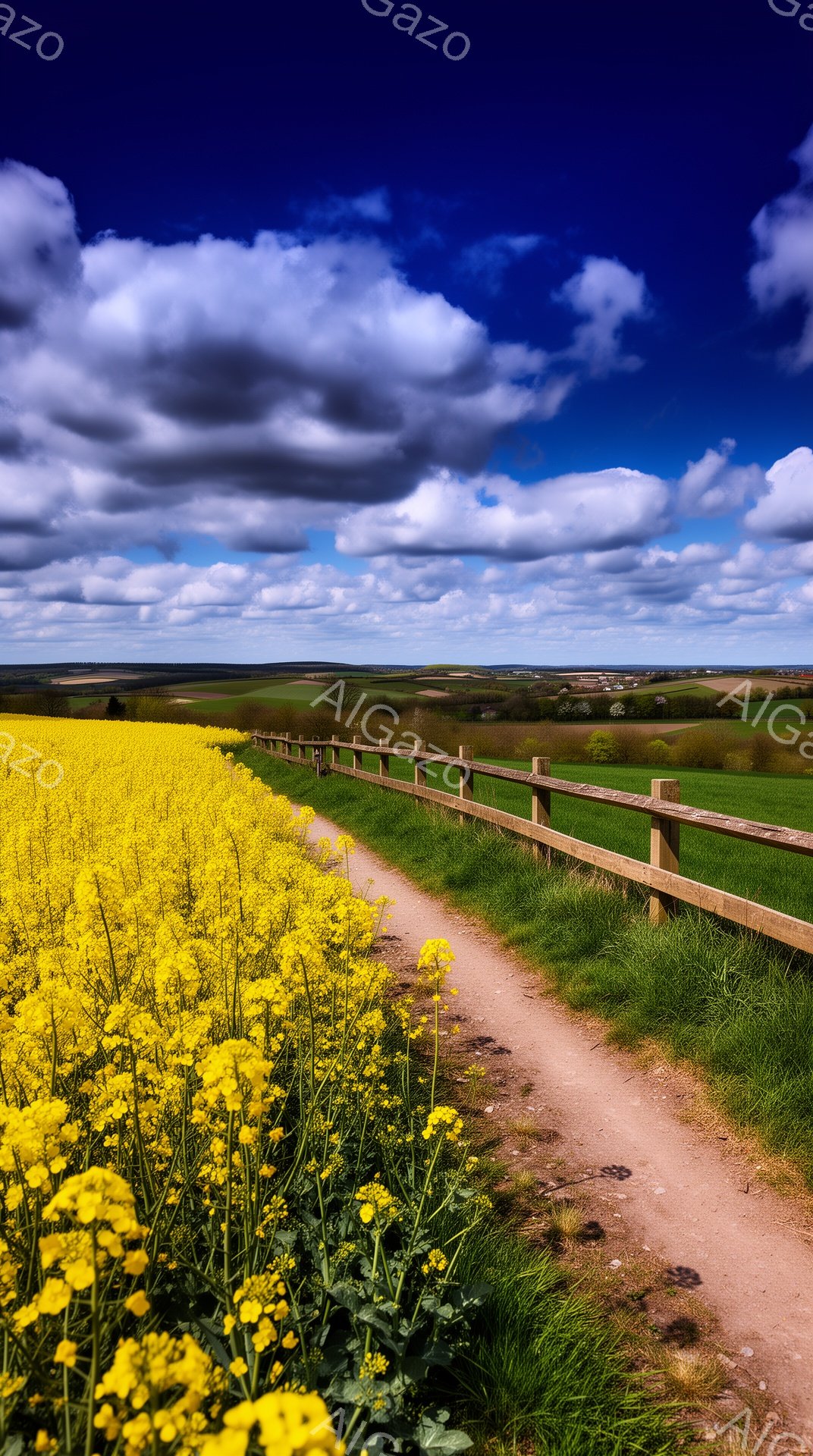 広大な菜の花畑が、土の道に沿って咲き誇り、木製の柵がその境界をなしている。背景には、緑豊かな牧草地と、遠くに見える小さな建物が点在し、曇り空が広がり、穏やかで牧歌的な雰囲気を醸し出している。鮮やかな黄色と緑、そして空のコントラストが、自然の美しさを際立たせている。