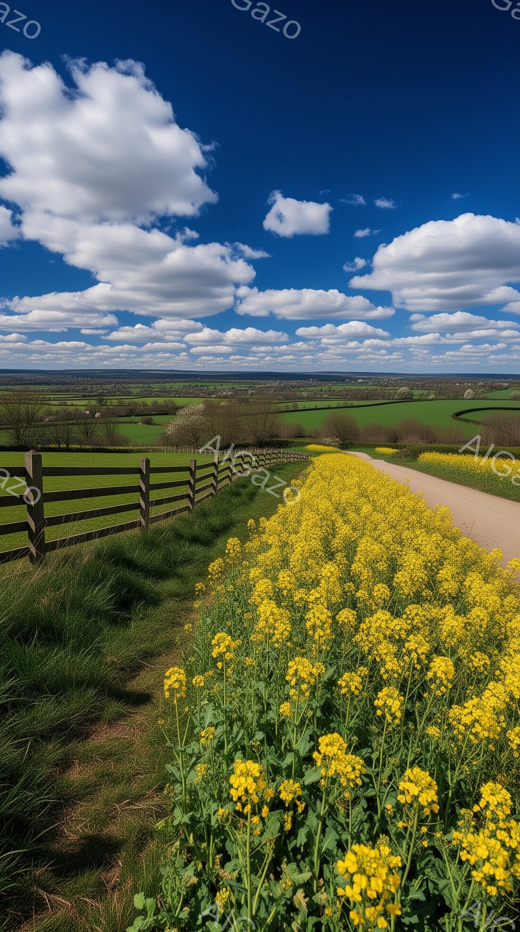 広大な緑の丘に黄色い花が咲き乱れ、牧歌的な風景が広がっています。遠くには、緑の田園地帯と白い雲が浮かぶ青空が広がっており、穏やかで平和な雰囲気を醸し出しています。木製の柵が、花畑と道路を区切り、奥行き - AI生成フリー素材