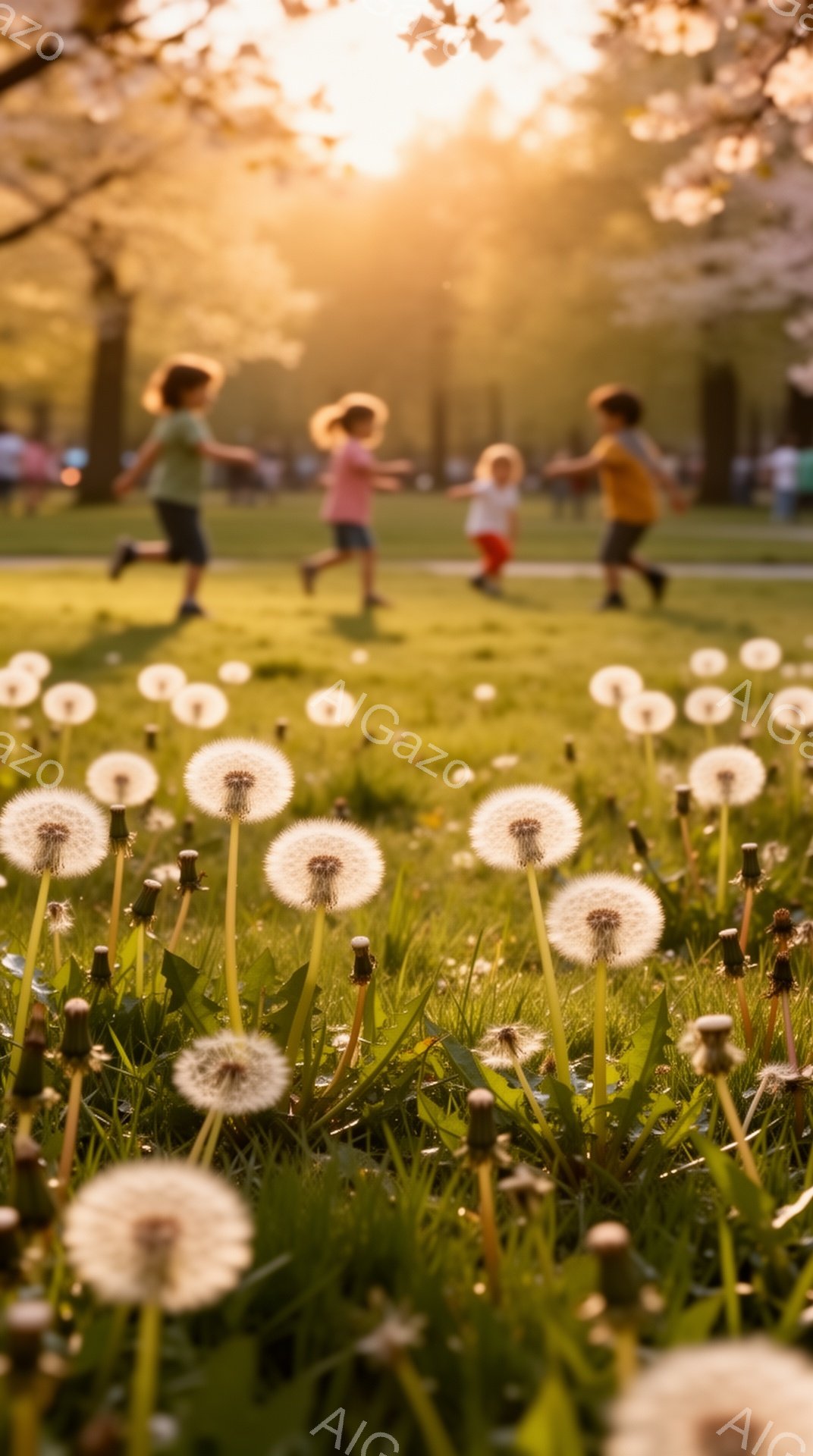 鮮やかな緑の草地に、白いタンポポが咲き乱れている。背景には、楽しそうに走り回る子供たちの姿が見え、暖かい日差しが彼らを照らしている。全体的に、穏やかでノスタルジックな春の日の雰囲気が漂っている。