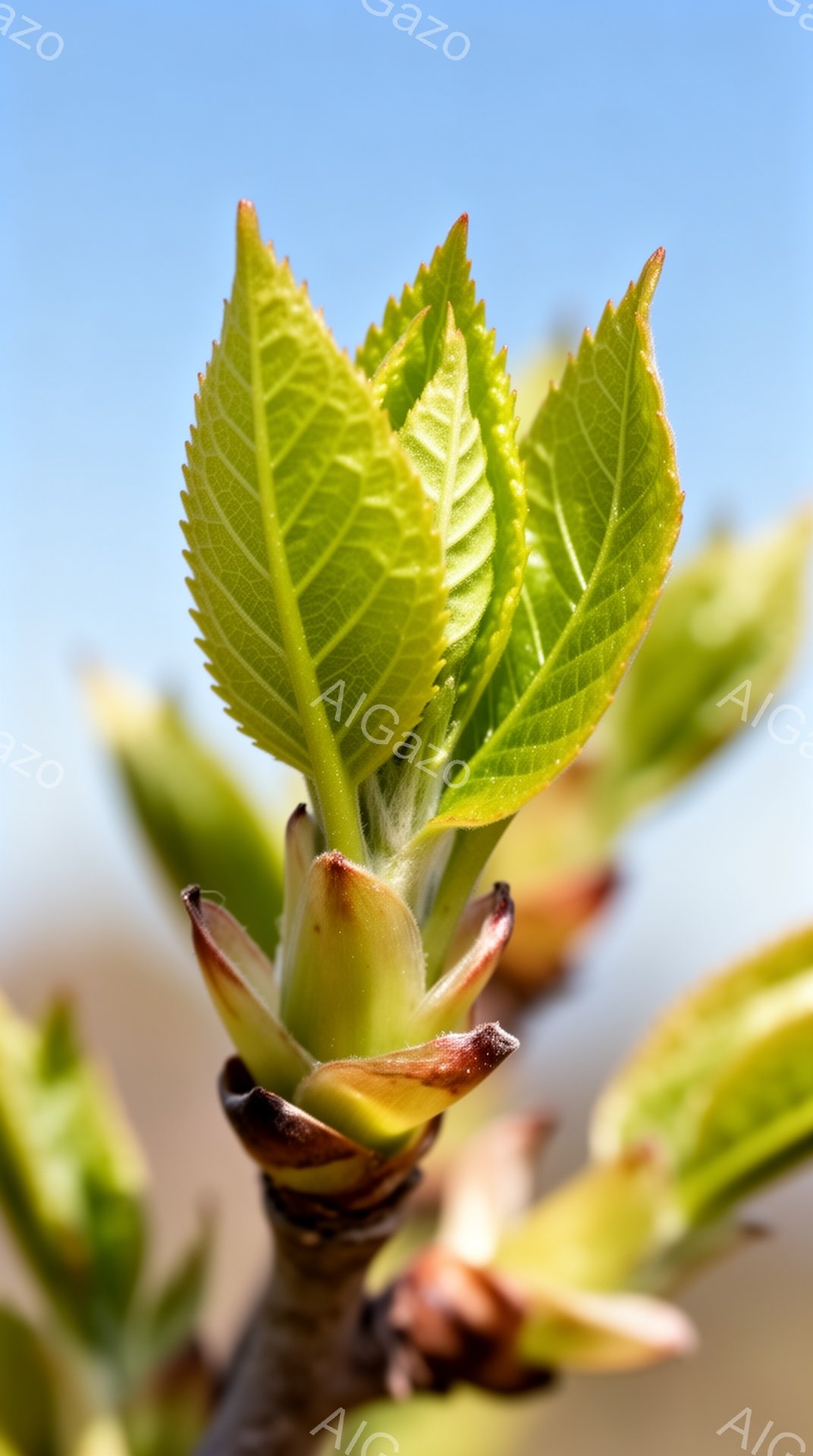 新緑の若葉が枝から芽吹き、春の息吹を感じさせる一枚である。葉はまだ柔らかく、透き通るような淡い緑色をしており、その縁には繊細なギザギザが確認できる。背景は穏やかな青空で、新芽の鮮やかさを際立たせ、生命力と希望に満ちた雰囲気を醸し出している。
