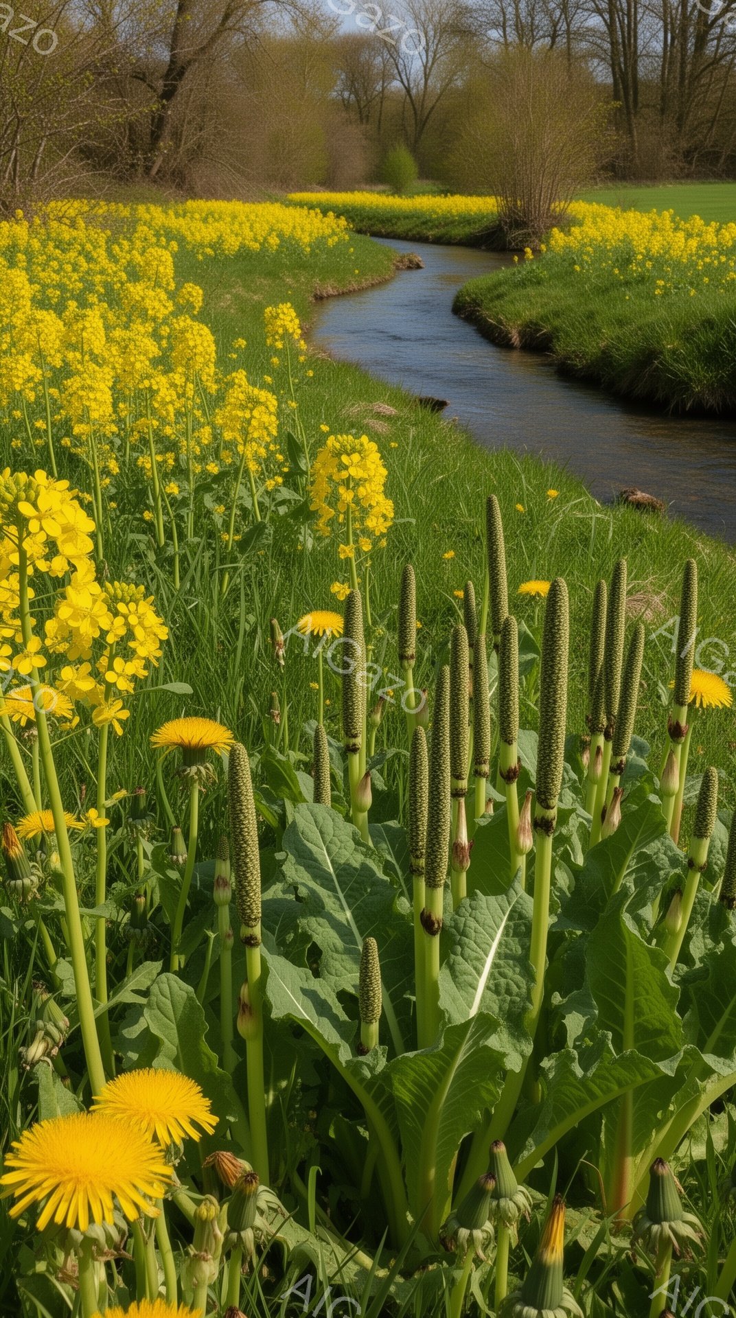 鮮やかな黄色いタンポポと、緑色の穂を持つ植物が咲き乱れる草原が広がっている。背景には、穏やかに曲がりくねった小川が流れ、遠くには木々が生い茂る風景が見える。春の陽光が降り注ぎ、生命力にあふれる穏やかで - AI生成フリー素材