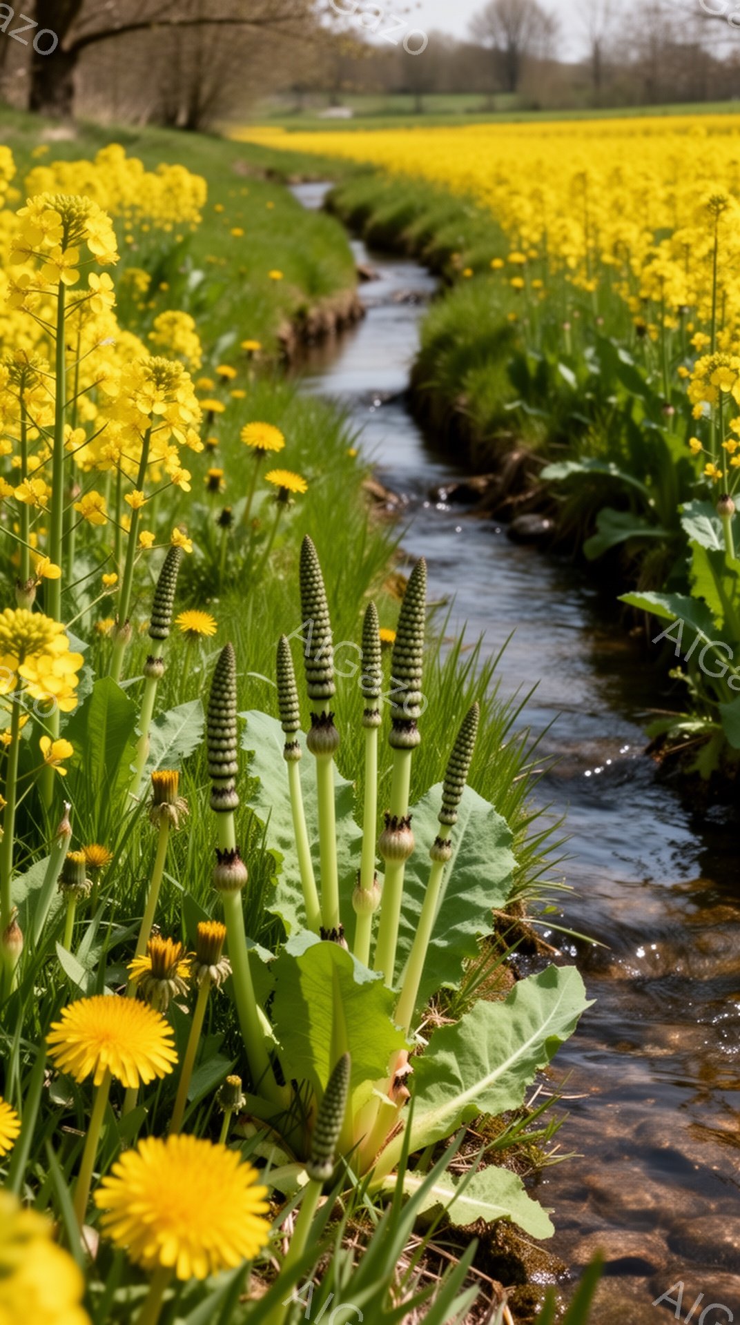広大な菜の花畑を背景に、小川が流れています。前景には、鮮やかな黄色のタンポポと、独特な形状をした植物が咲き乱れ、水面には光が反射してキラキラと輝いています。春の穏やかな日差しが降り注ぎ、自然の息吹を感じさせる温かい雰囲気です。