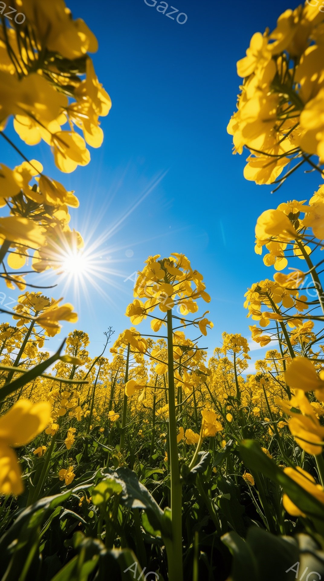 空は鮮やかな青色で、太陽が燦々と輝いています。菜の花が密集して咲き誇り、視界いっぱいに黄色い絨毯が広がっています。太陽光が花びらを照らし、明るく希望に満ちた雰囲気を醸し出しています。 - AI生成フリー素材