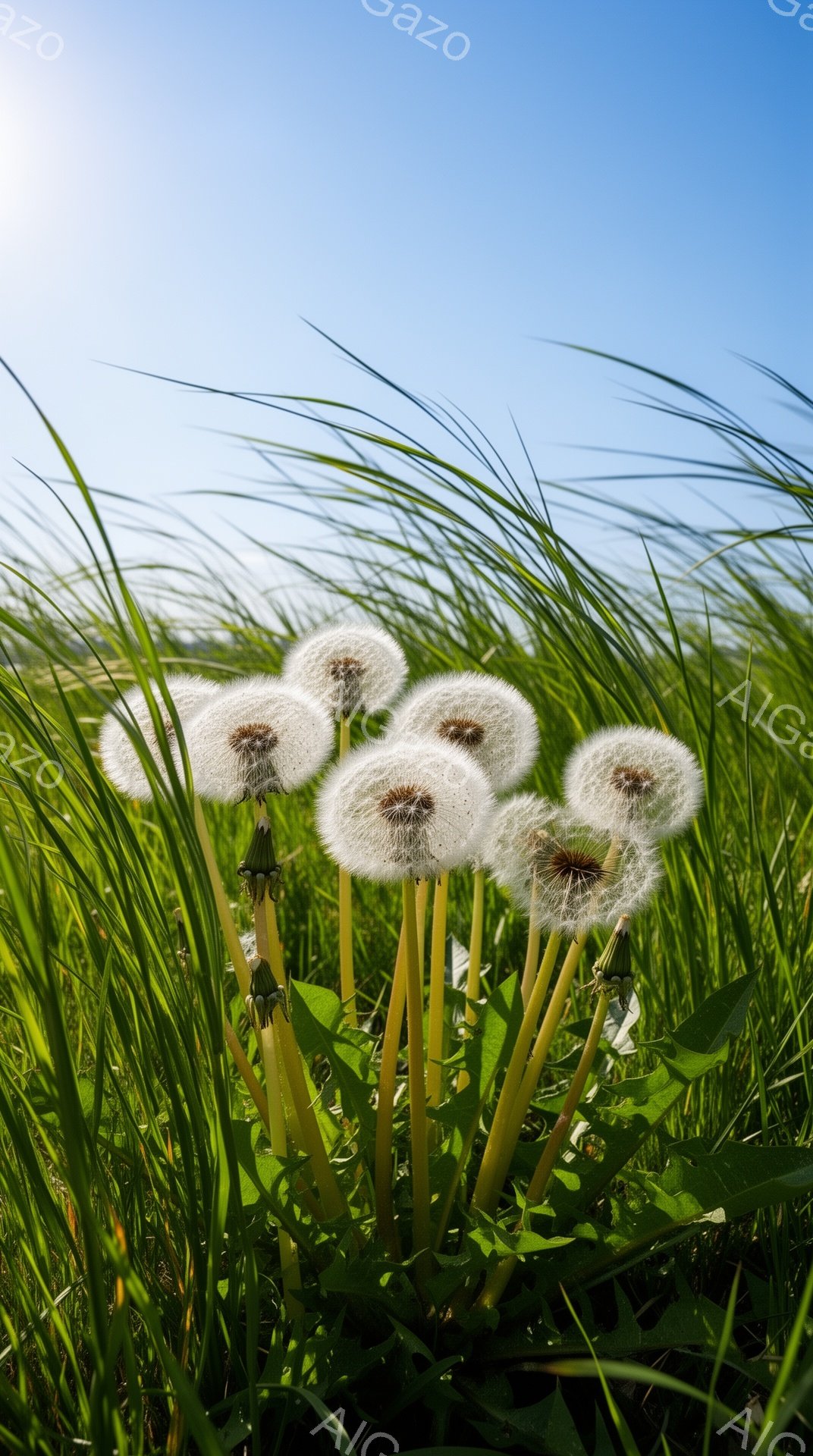 広々とした緑の草原の中に、タンポポの綿毛が咲き誇っている。青い空と緑の草のコントラストが鮮やかで、春の穏やかな暖かさを感じさせる。綿毛は風にそよぎ、種を運ぶ準備ができている様子が、生命力と希望を象徴し - AI生成フリー素材