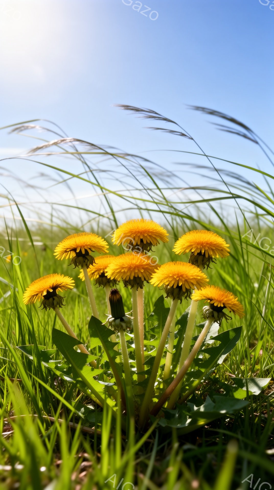 見渡す限りの緑の草原に、鮮やかな黄色のタンポポが群生している様子が捉えられています。タンポポは咲き誇り、鮮やかな緑の葉に囲まれ、背景にはぼんやりと草の海が広がり、青空が広がっています。全体的に、暖かく - AI生成フリー素材