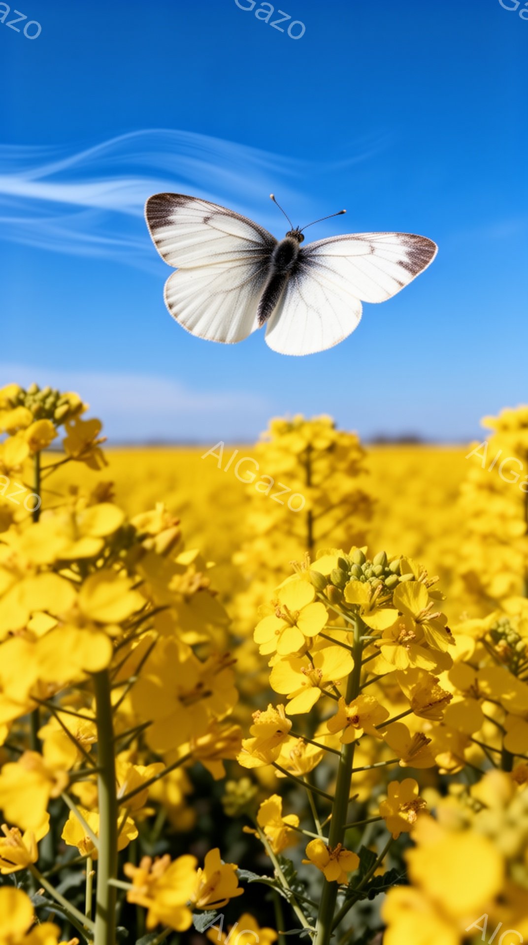 広大な菜の花畑の中に白い蝶が舞っている。鮮やかな黄色の花々と青空が広がり、明るく穏やかな雰囲気を醸し出している。蝶は翼を広げ、まるで花畑を飛び越えるように見える。 - AI生成フリー素材