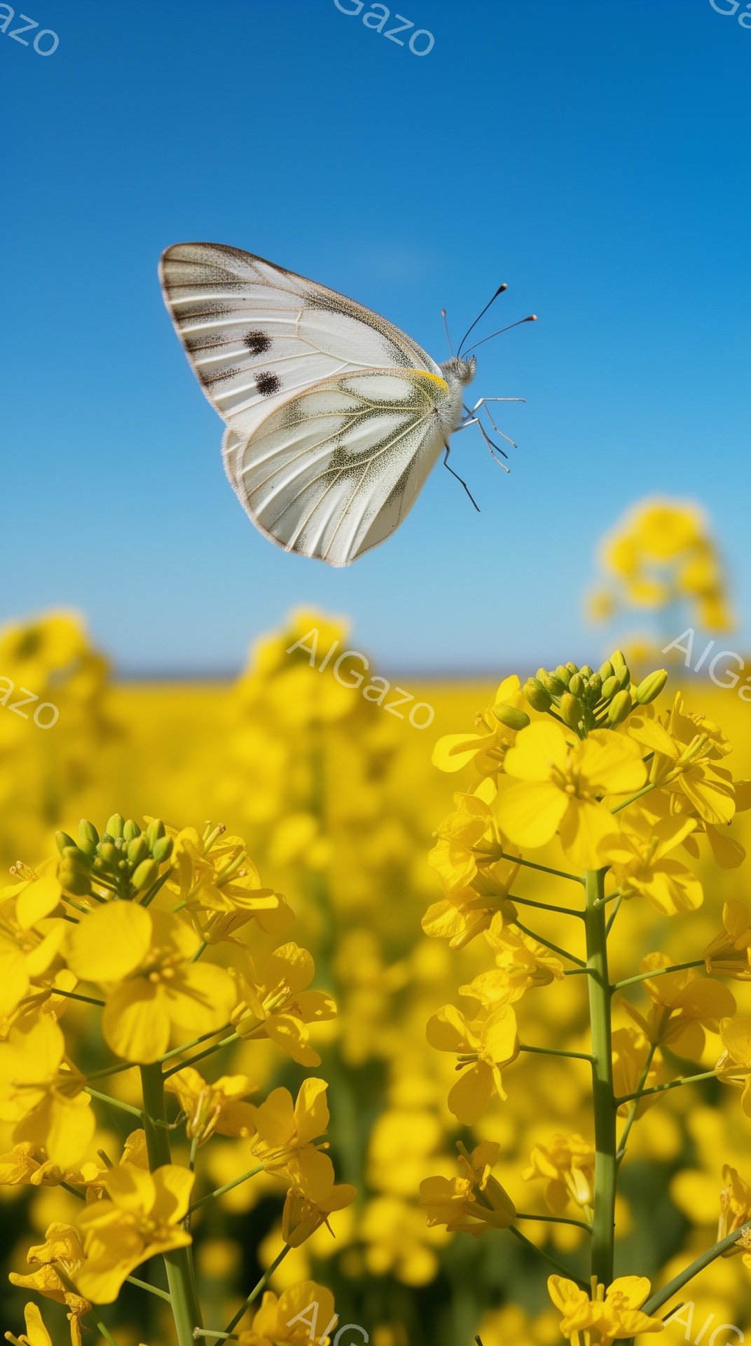 広大な菜の花畑で、白い蝶が舞っている様子が捉えられています。鮮やかな黄色い花が密集し、その背景には澄んだ青空が広がっています。太陽の光が柔らかく降り注ぎ、蝶と菜の花畑が織りなす穏やかで美しい雰囲気が感じられます。