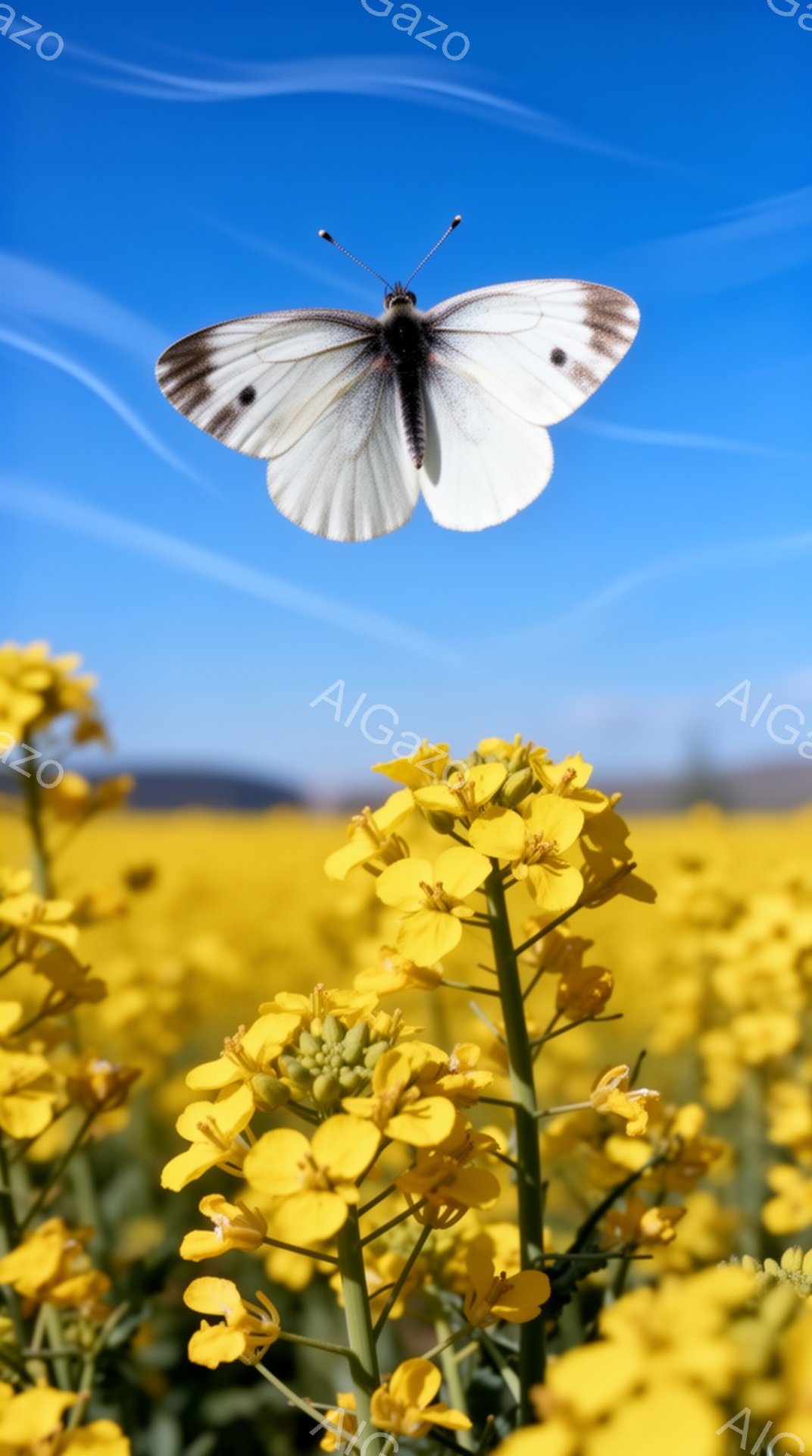 青い空を背景に、黄色い菜の花畑が広がり、その一輪に白い蝶が舞っている様子が捉えられています。蝶は翼を大きく広げ、空中で静止し、鮮やかな黄色と白のコントラストが美しいです。菜の花は密集して咲き誇り、遠くにはぼんやりとした山並みが確認でき、春の暖かな日差しを感じさせる穏やかな雰囲気です。