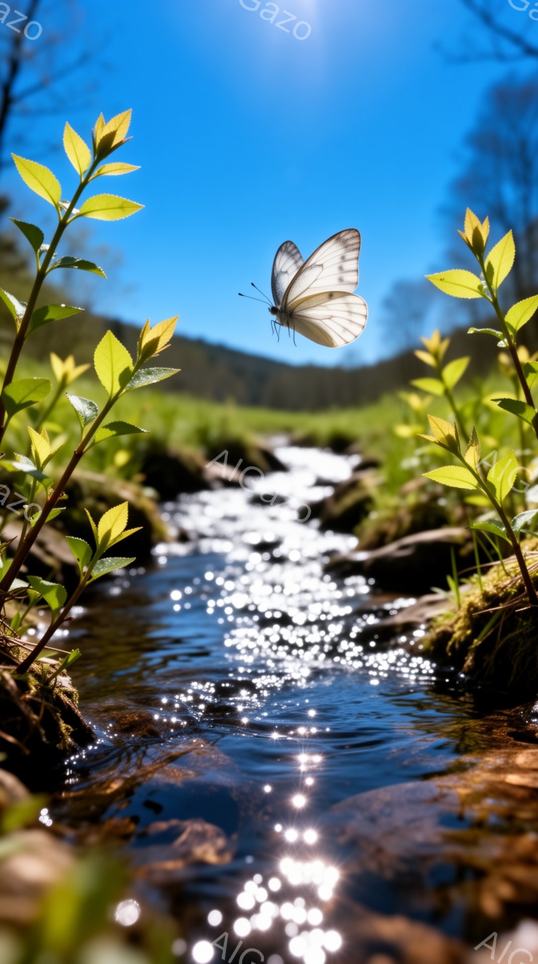 新緑の季節の小川の風景です。白い蝶が水面近くを舞っており、水は太陽の光を反射してキラキラと輝いています。周囲には若葉が茂り、背景には緑の丘が見え、晴天の下で穏やかな雰囲気を醸し出しています。