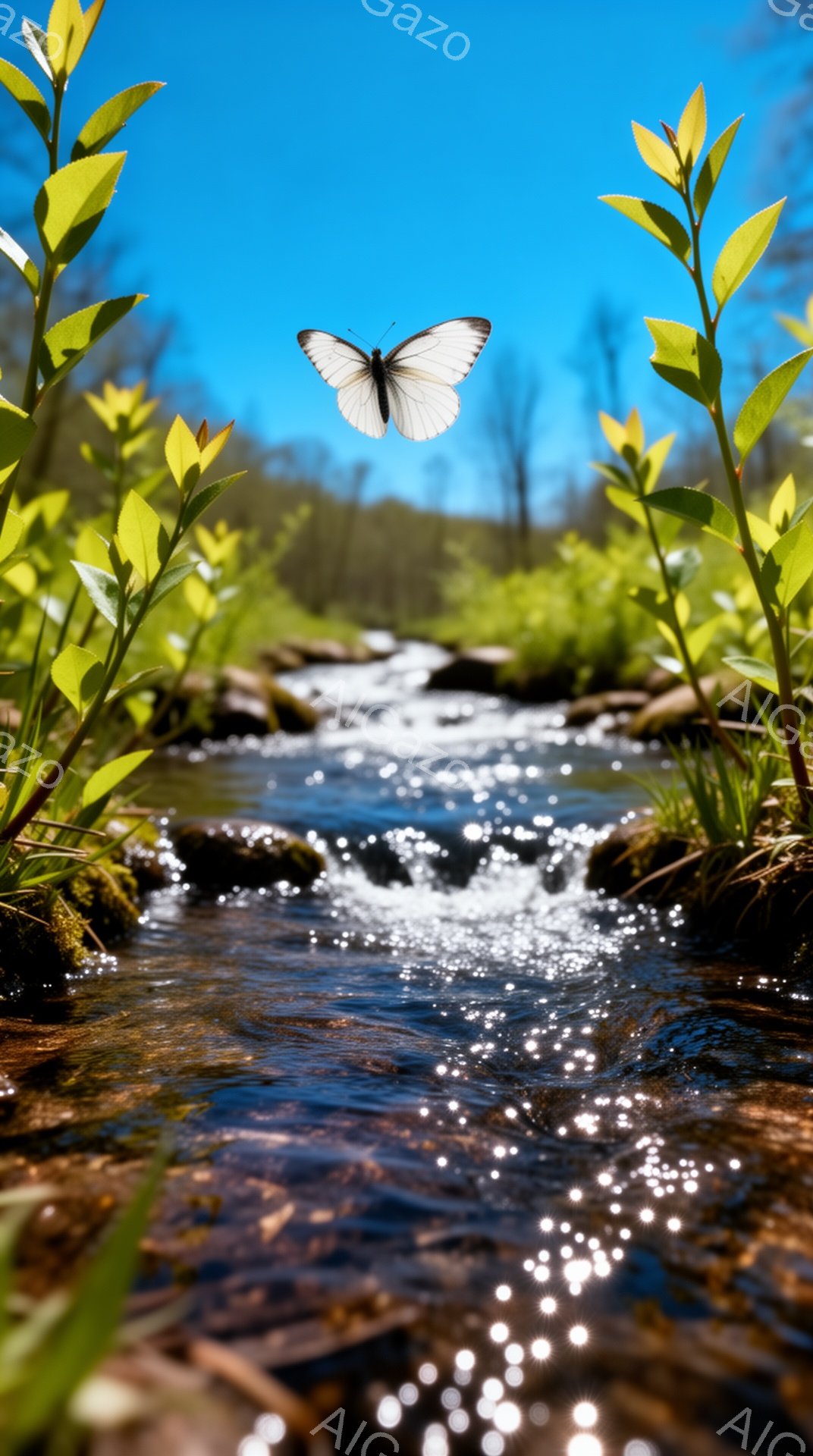 美しい蝶が小川の上を舞っている写真です。鮮やかな緑の葉が画面の左右に配置され、水面は太陽の光を反射してキラキラと輝いています。背景には木々が広がり、晴天の下、自然の静寂と生命力に満ちた穏やかな雰囲気が漂っています。