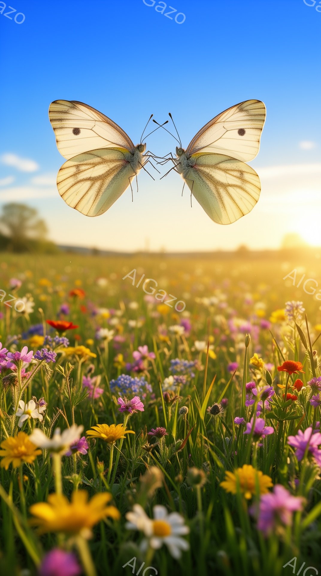 広大な草原には、色とりどりの野花が咲き乱れ、その中に二匹の白い蝶が寄り添うように飛んでいます。背景には穏やかな丘陵と、夕焼けのような暖かい光が広がり、平和で穏やかな雰囲気を醸し出しています。鮮やかな色彩と柔らかな光が、自然の美しさを強調し、見る者を安らぎへと誘います。