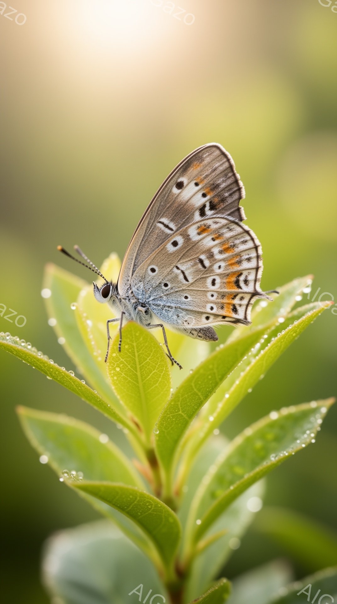 鮮やかな緑の葉の上で、美しいアゲハチョウがとまっています。朝露が葉の上に光り、チョウの繊細な模様が際立っています。背景は穏やかな光に包まれ、自然の静けさと美しさを感じさせる穏やかな雰囲気です。 - AI生成フリー素材