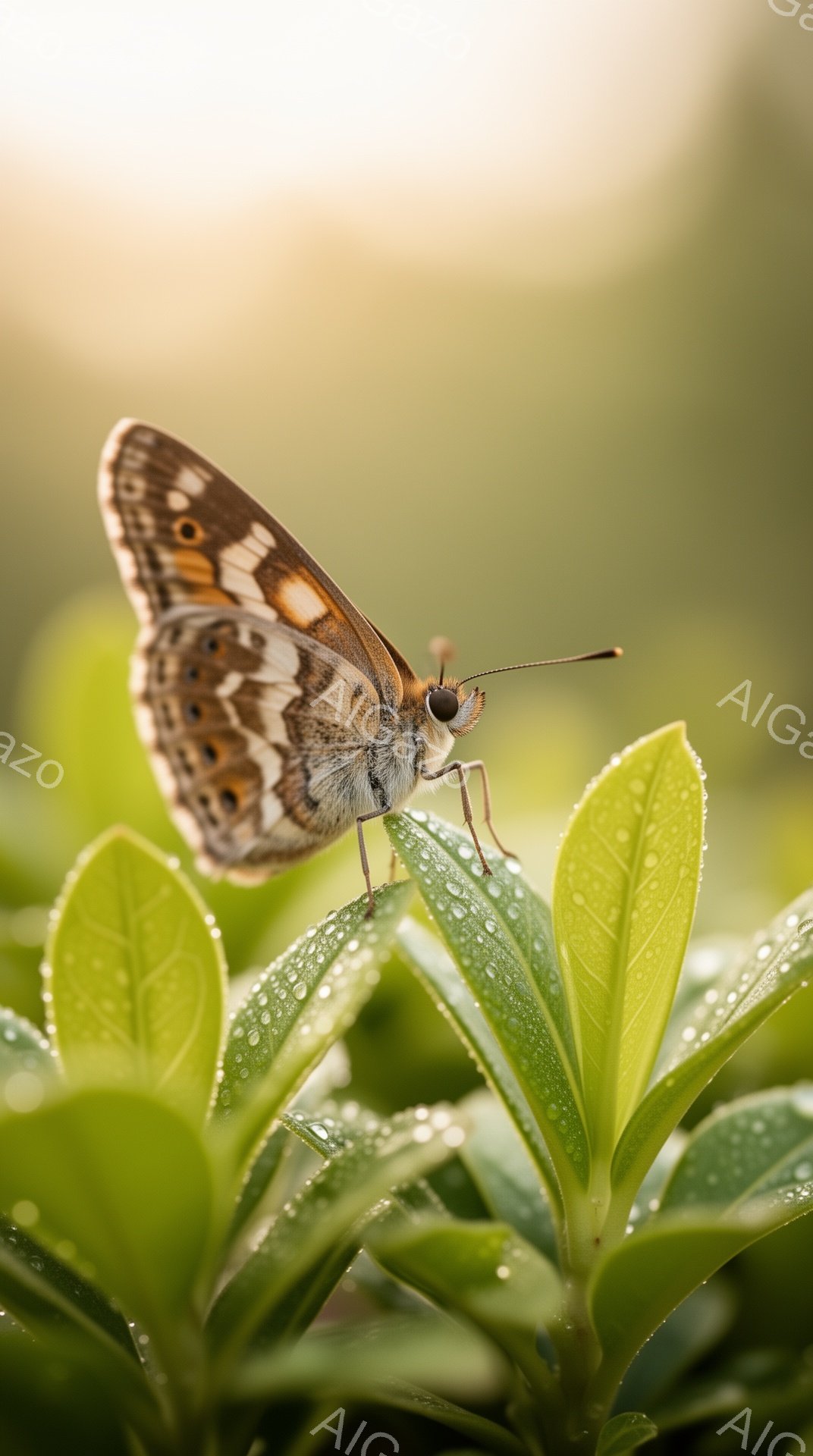 鮮やかな緑の葉の上に、美しいオレンジと茶色の模様を持つ蝶がとまっています。葉には朝露が光り、蝶の繊細な翅とのコントラストが印象的です。背景は柔らかな光に包まれ、自然の静寂と生命力を感じさせる穏やかな雰 - AI生成フリー素材