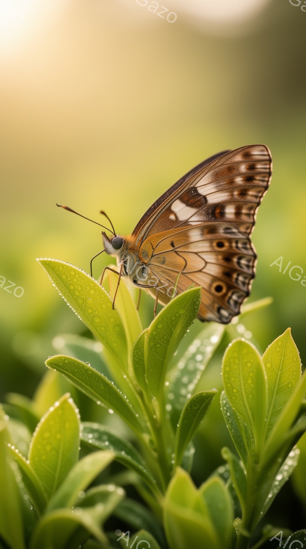 鮮やかな緑の葉の上に、茶色と黒の模様を持つ蝶がとまっています。葉には水滴が輝き、朝露や雨上がりの湿った空気を連想させます。背景はぼかした緑色で、柔らかい光が差し込み、静かで穏やかな雰囲気を醸し出しています。
