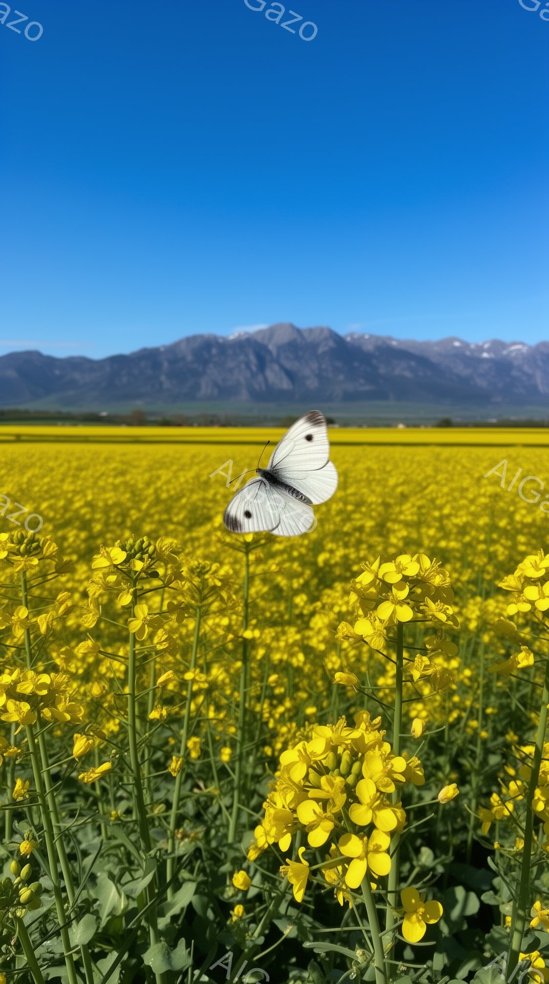 広大な菜の花畑で、白い蝶が黄色い花にとまっている。背景には青い空と、遠くに見える山々が広がっており、晴天で穏やかな雰囲気が感じられる。鮮やかな黄色と白のコントラストが美しく、春の訪れを告げるような、希望に満ちた情景である。