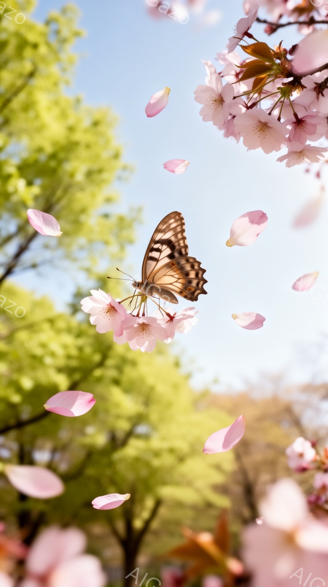 桜の花びらが舞い散る中で、茶色と白の模様が美しい蝶が桜の花にとまっている。背景には新緑の葉が広がり、春の暖かく穏やかな空気が漂っている。全体的に柔らかい光に包まれ、幻想的で優しい雰囲気の風景だ。