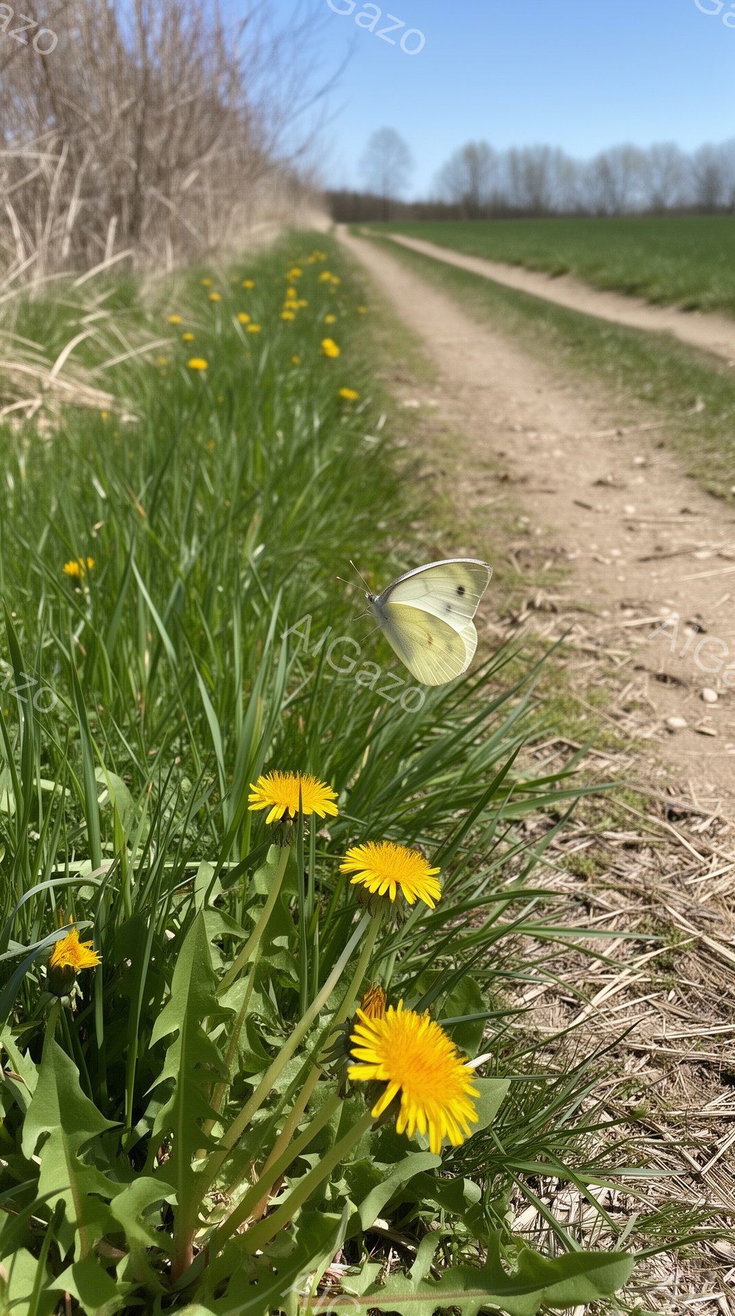 鮮やかな緑の草地に黄色いタンポポが咲き乱れ、その中に白い蝶がとまっている様子が捉えられています。背景には、土の道が遠くまで伸び、遠くには木々が見え、晴れた空が広がっています。穏やかで平和な春の日の風景 - AI生成フリー素材
