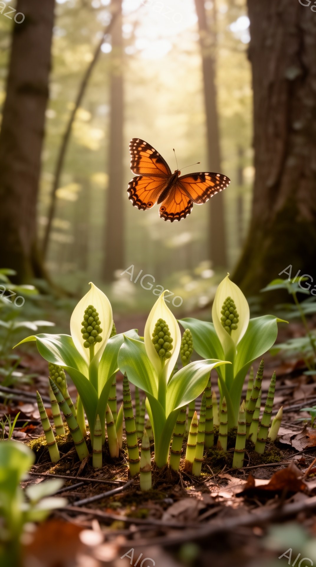 緑豊かな森の中で、鮮やかな緑色のジャノヒゲが地面から顔を出し、花芽を咲かせている。オレンジ色の蝶がその花々の周りを舞い、森の奥から差し込む光が幻想的な雰囲気を醸し出している。背景にはぼやけた木々が見え - AI生成フリー素材