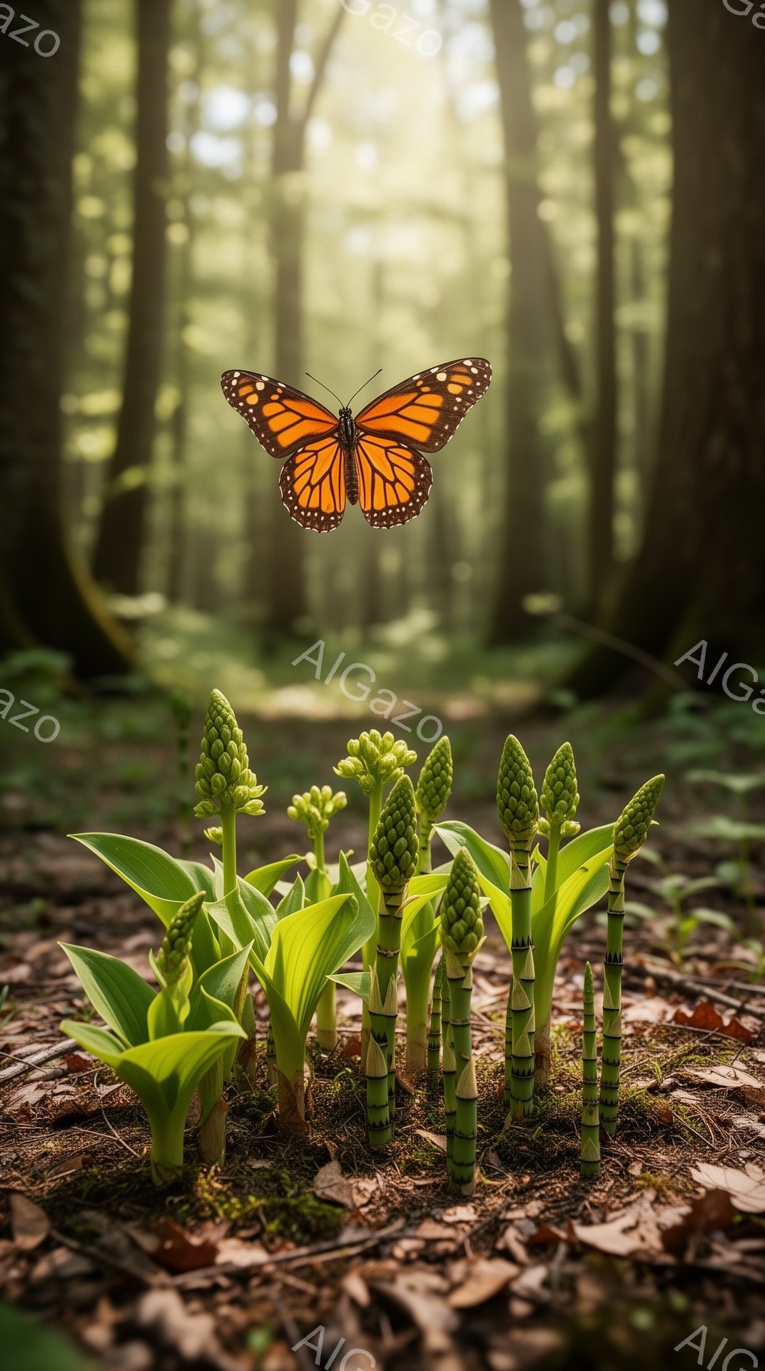 鬱蒼とした森の中、緑色の葉と未開の花穂が地面から生え、その上に鮮やかなオレンジ色の蝶が舞っている。背景はぼやけた緑色で、光が差し込み、幻想的な雰囲気を醸し出している。全体的に、生命力と静寂が共存する神 - AI生成フリー素材