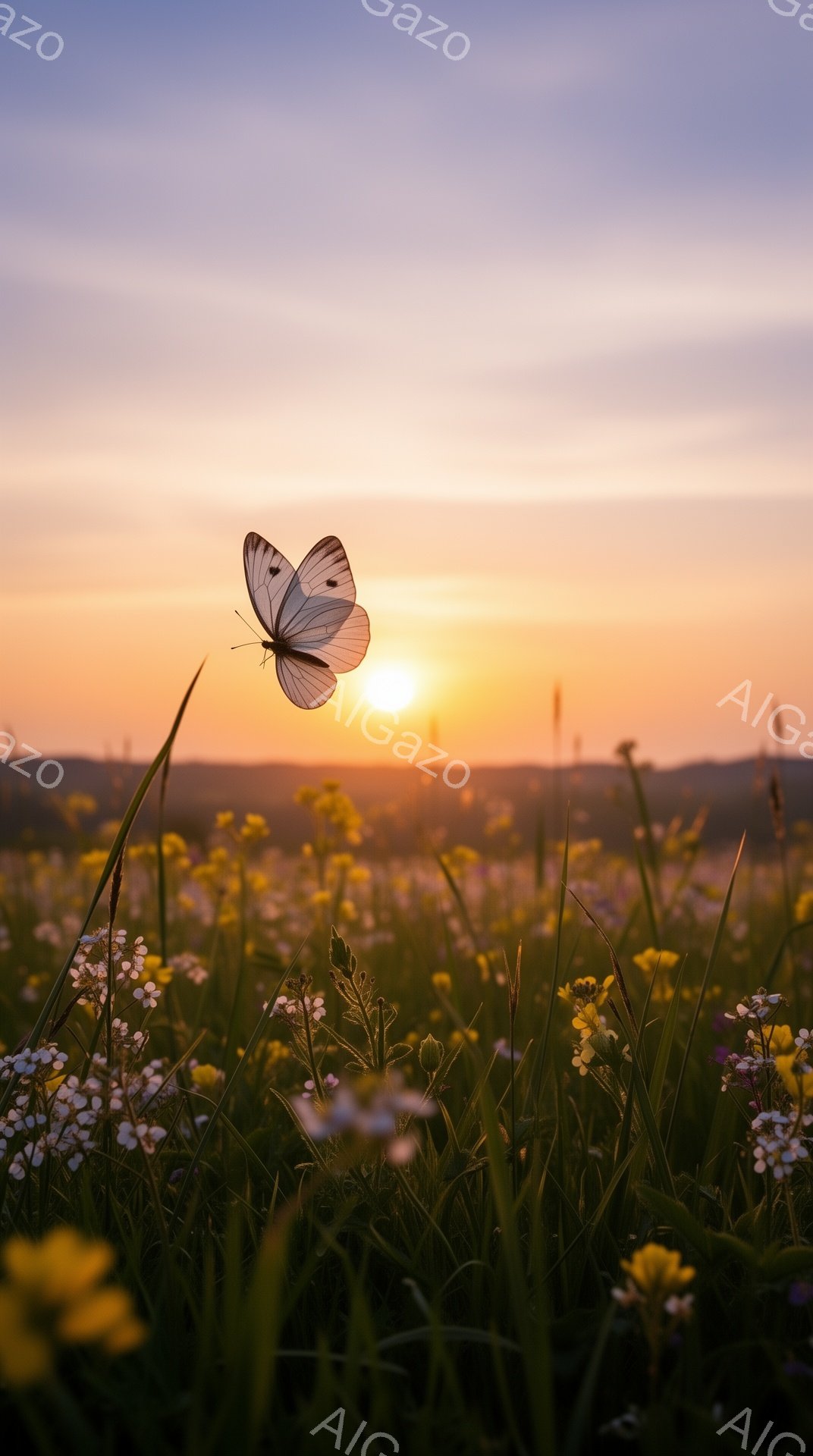 広大な野原に黄色と白の花々が咲き乱れ、その間を白い蝶が舞っている。夕焼けの空はオレンジ色と紫色のグラデーションで、穏やかで幻想的な雰囲気を醸し出している。遠くには緑の丘が見え、自然の美しさを際立たせている。