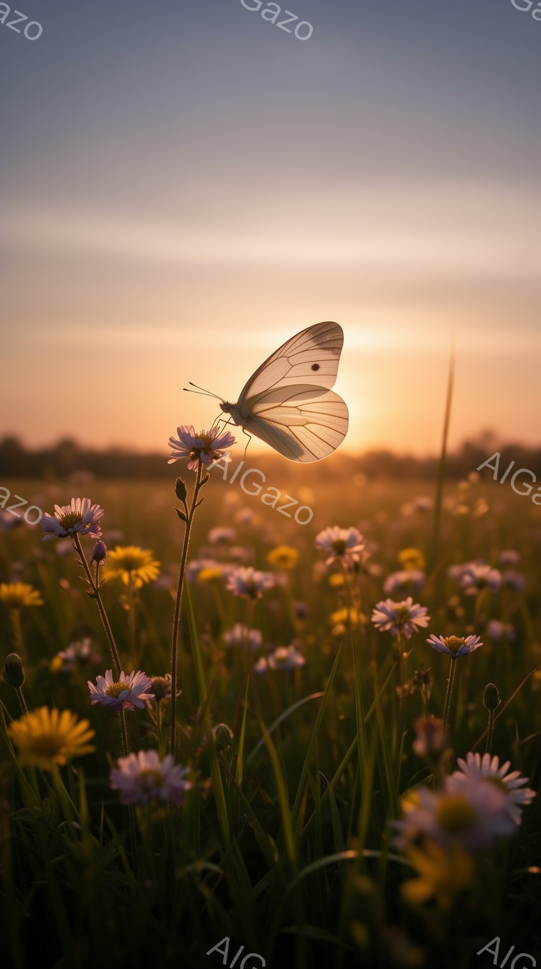 黄金色の夕焼けを背景に、白く輝く蝶が小さな白い花にとまっている。野原には、白や黄色の小さな花々が密集し、緑の草が茂っている。暖かく穏やかな光が、自然の美しさを際立たせ、静寂で平和な雰囲気を醸し出してい - AI生成フリー素材