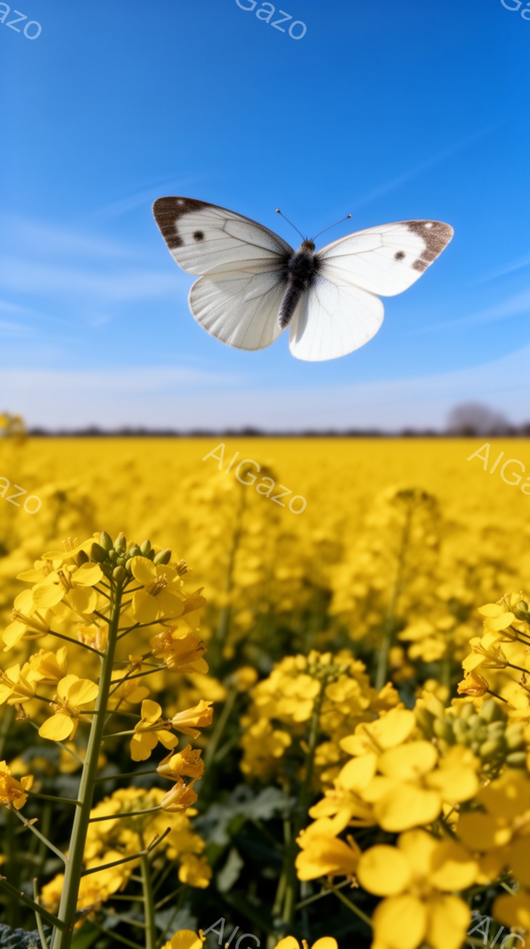 広大な菜の花畑の中に、白い蝶が舞っている。鮮やかな黄色の花々が視界いっぱいに広がり、背景には青空が広がっている。蝶は花の上を飛び、春の暖かく穏やかな雰囲気を醸し出している。 - AI生成フリー素材
