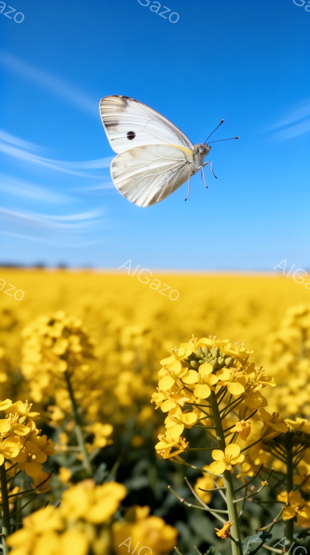 広大な菜の花畑の中で、白い蝶が鮮やかな黄色い花の上を舞っている。青空が広がり、暖かく穏やかな春の日の雰囲気が漂っている。手前の菜の花はピントが合っており、背景の畑は少しぼやけているが、奥行きを感じさせ - AI生成フリー素材
