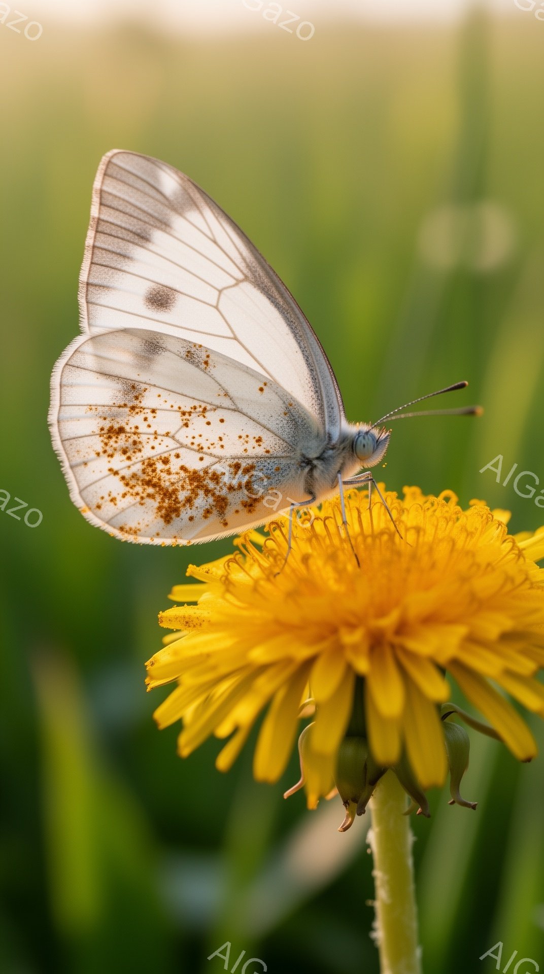 黄色のタンポポの花の上で、白い蝶が静かに羽を休めている。蝶の羽には小さな茶色の斑点があり、花粉が付着しているように見える。背景は緑色の草が広がり、柔らかい日差しが全体を照らしている、穏やかで自然な雰囲 - AI生成フリー素材