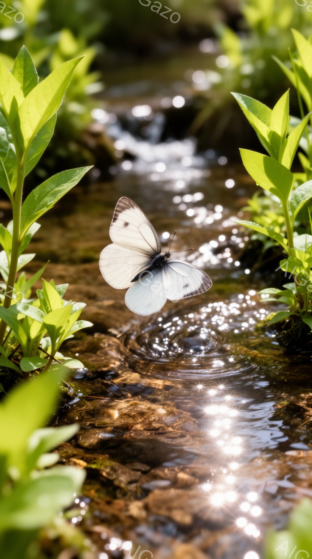 浅い小川の上に、白い蝶が羽を広げて舞っている。緑の葉が生い茂る川岸が蝶を囲み、水面には太陽光が反射してキラキラと輝いている。穏やかな自然の光景が、静かで平和な雰囲気を醸し出している。 - AI生成フリー素材
